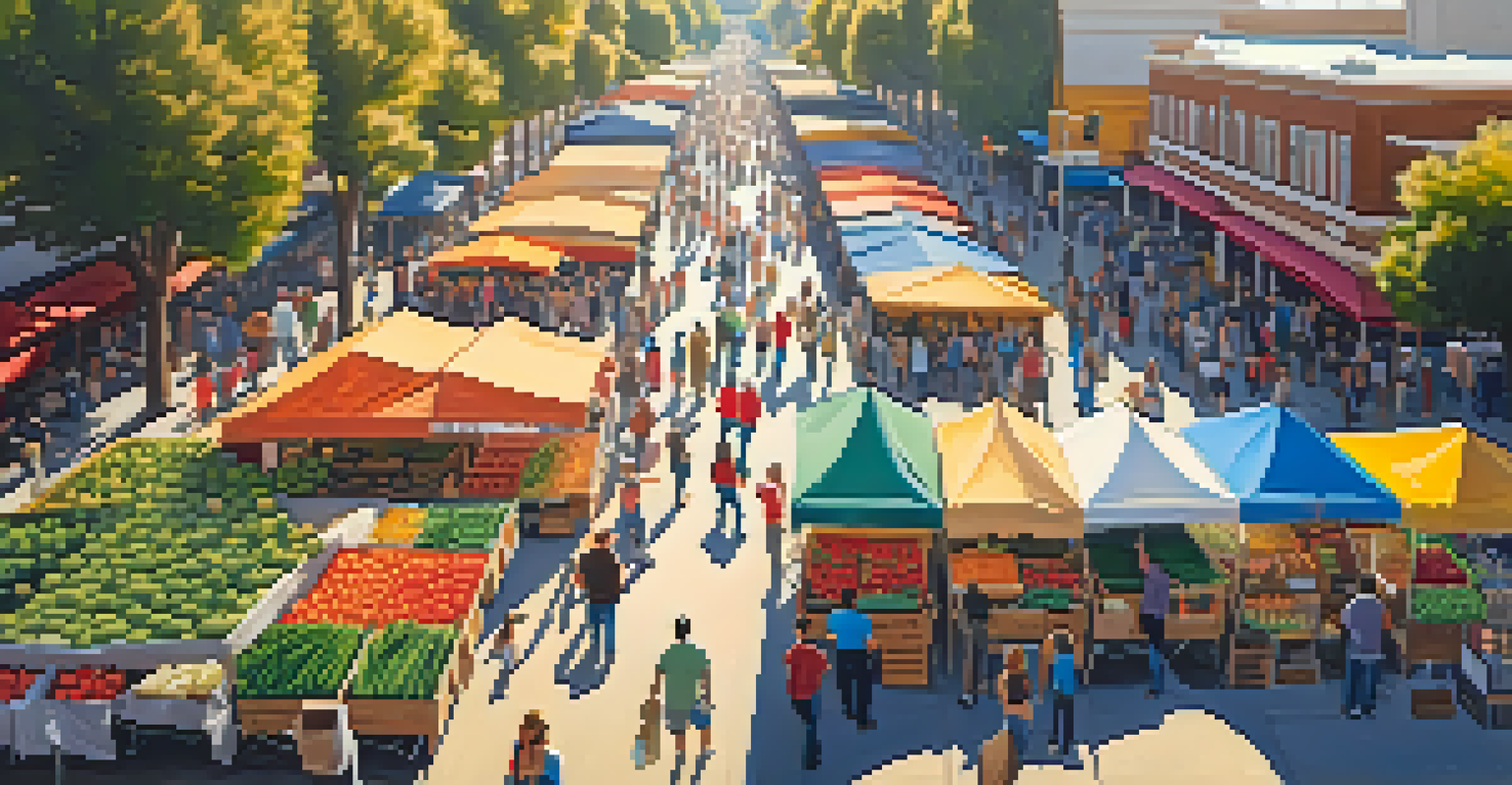 A lively farmers market in Sacramento, showcasing colorful produce and people enjoying the day.