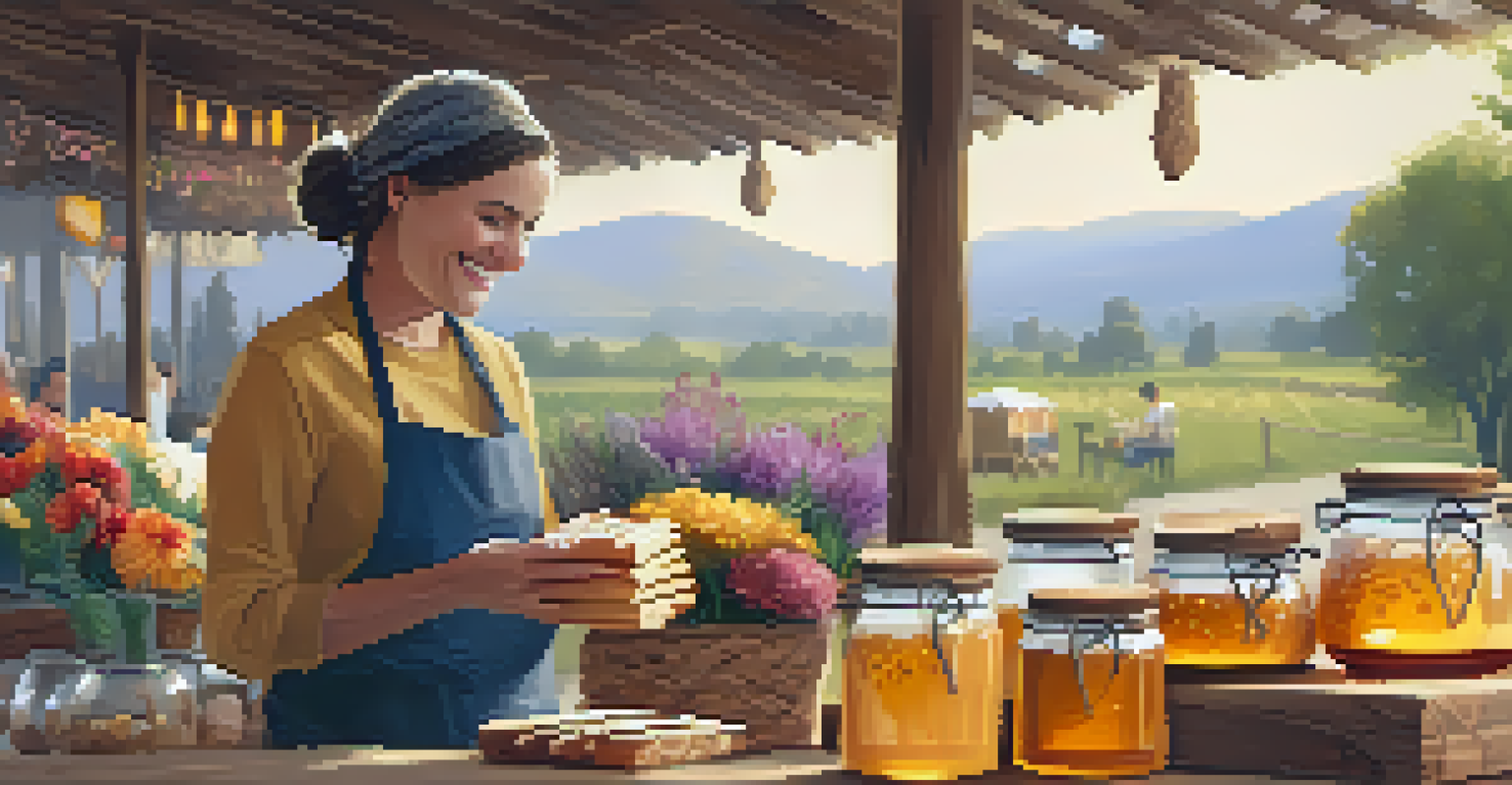 A friendly vendor at a farmers market showcasing handmade goods like local honey and bread.