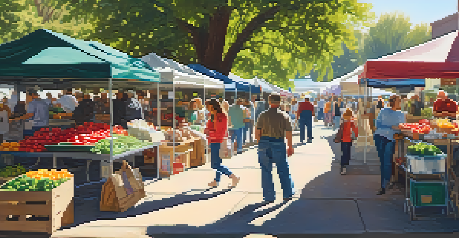 A vibrant farmers market in Sacramento with stalls of fresh produce and people shopping.