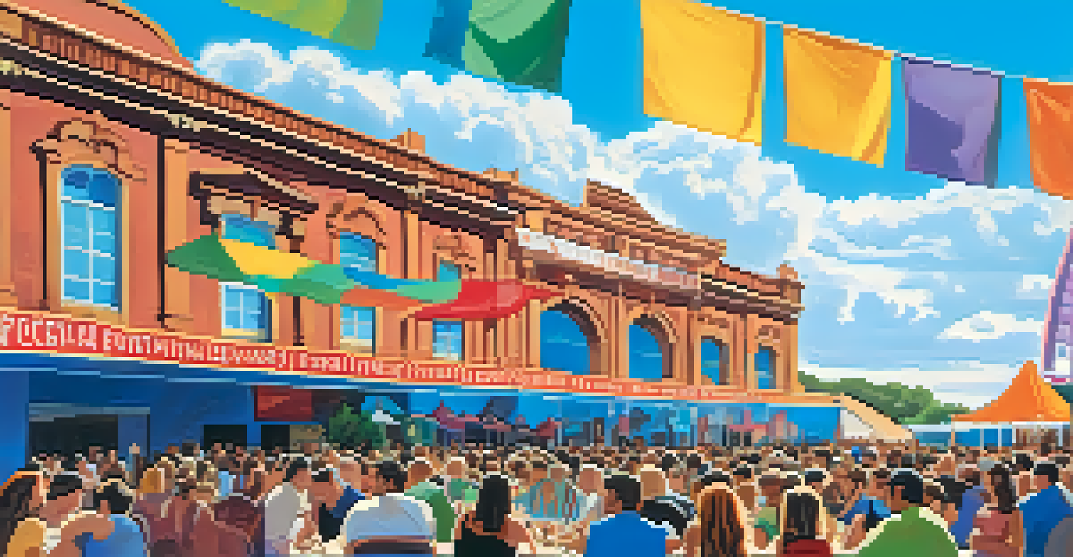 Filmmakers and actors networking at an outdoor film festival, surrounded by colorful banners and a clear blue sky.