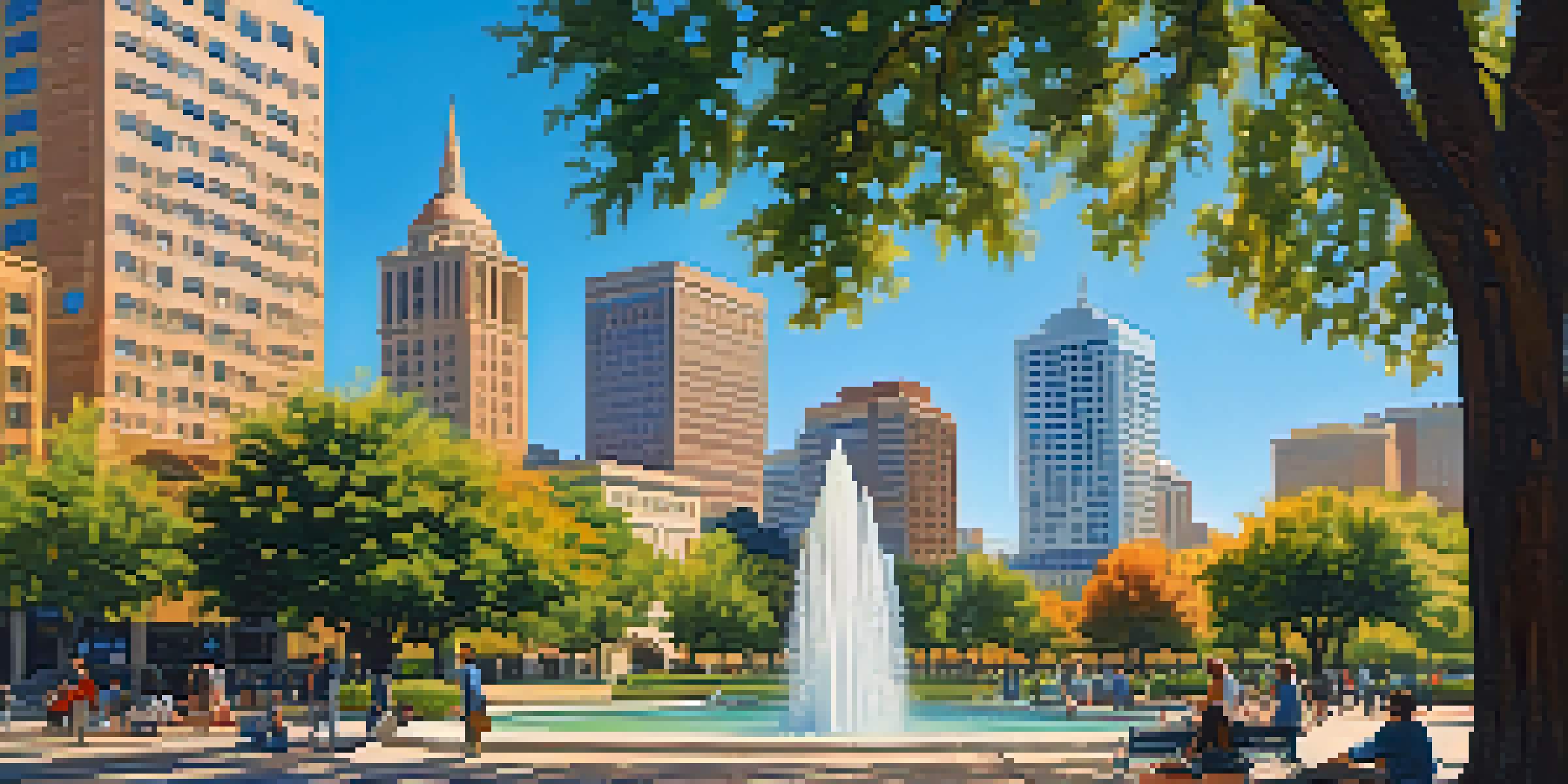 A cityscape of Sacramento with modern and historic architecture, people in a park, trees, and a fountain under a clear blue sky.
