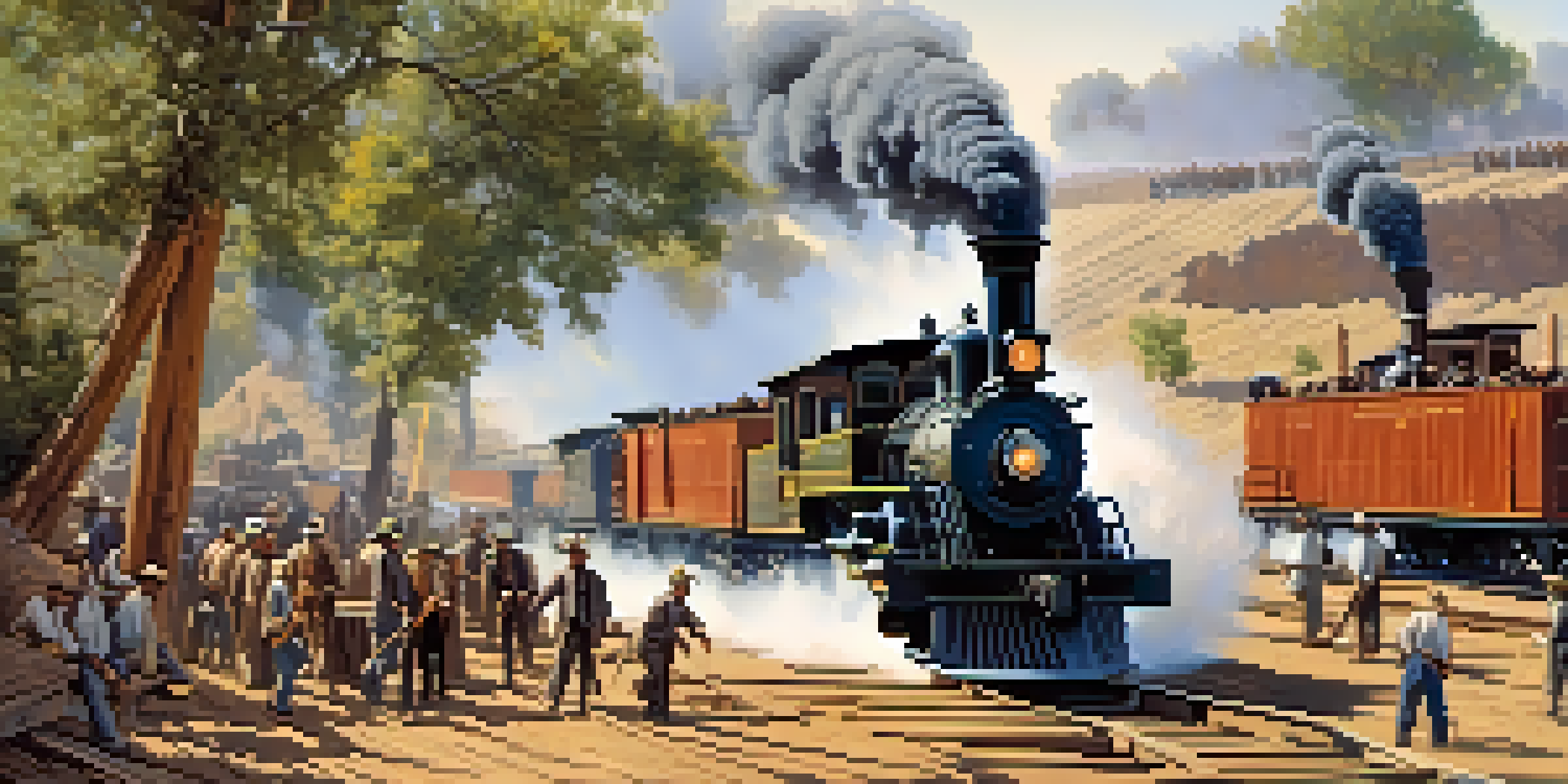 A historical scene showing workers constructing the Transcontinental Railroad in Sacramento, with steam rising from a locomotive and the Sacramento River in the background.