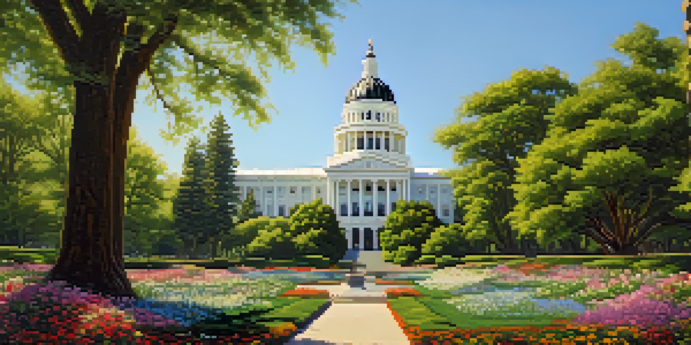 A bright and sunny view of the California State Capitol building surrounded by greenery and colorful flowers.