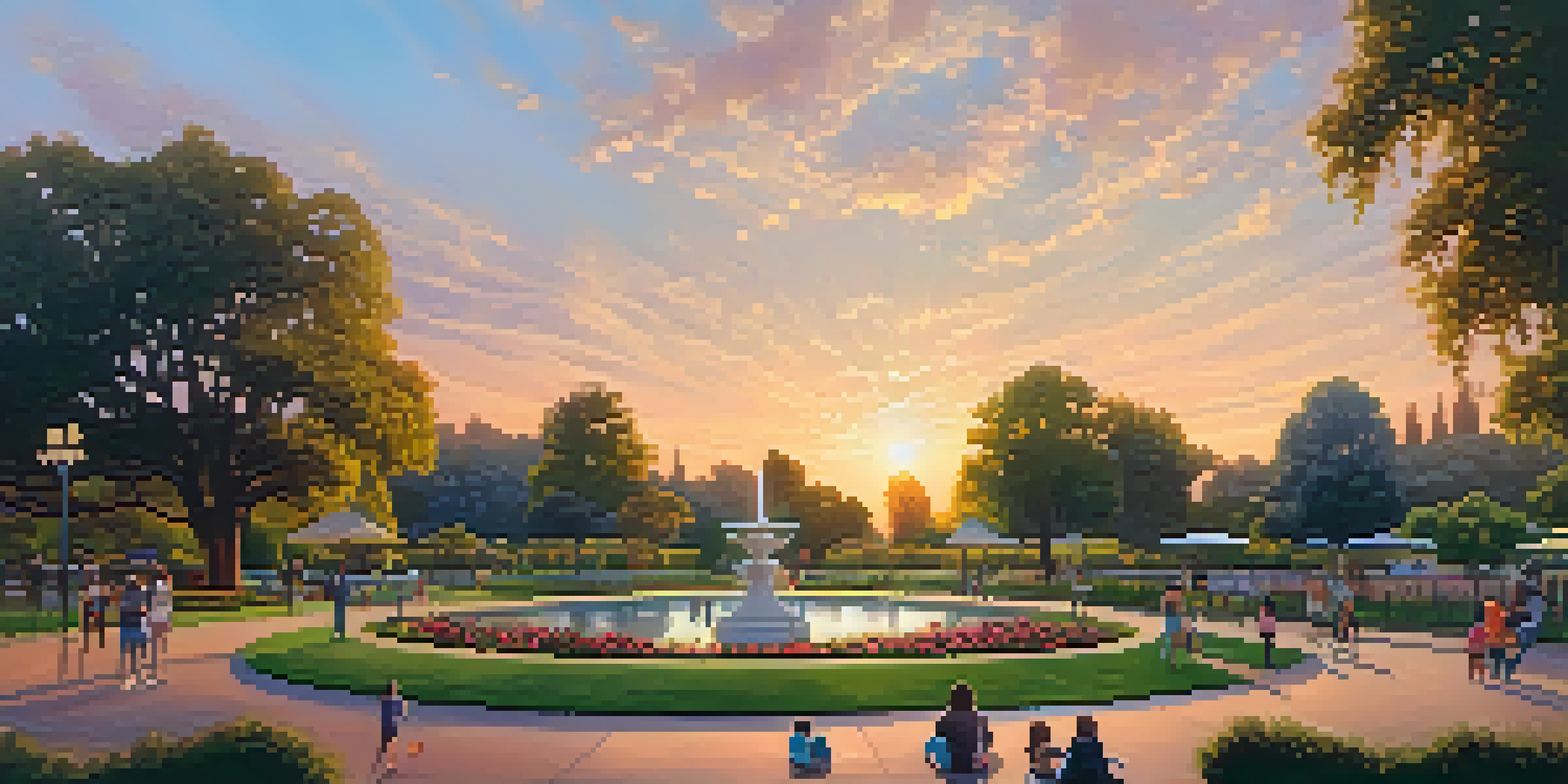 A park scene with blooming rose gardens, families, and children playing during sunset.