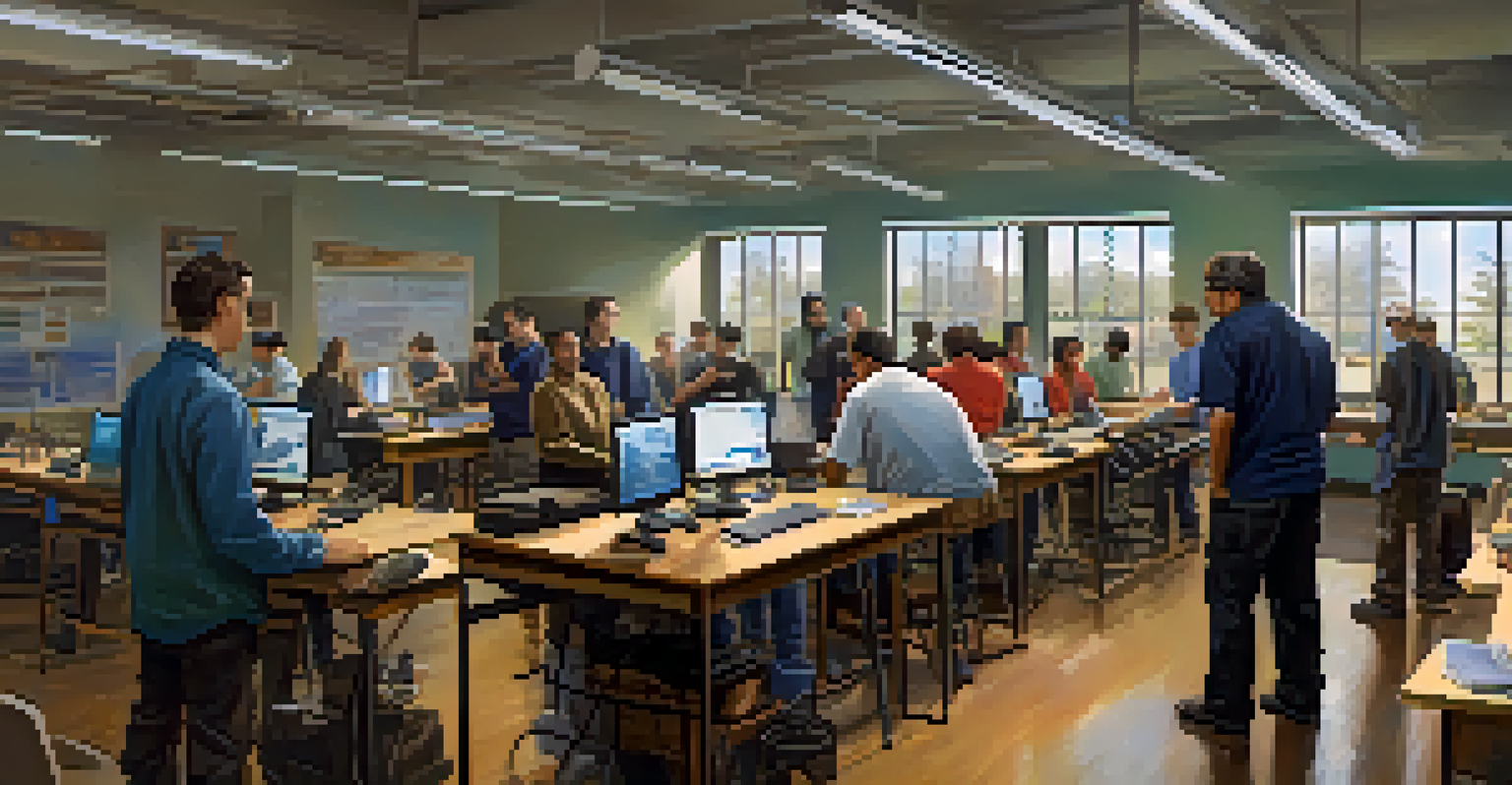 A community college classroom where an instructor teaches a vocational training workshop with students working on computers and machinery.