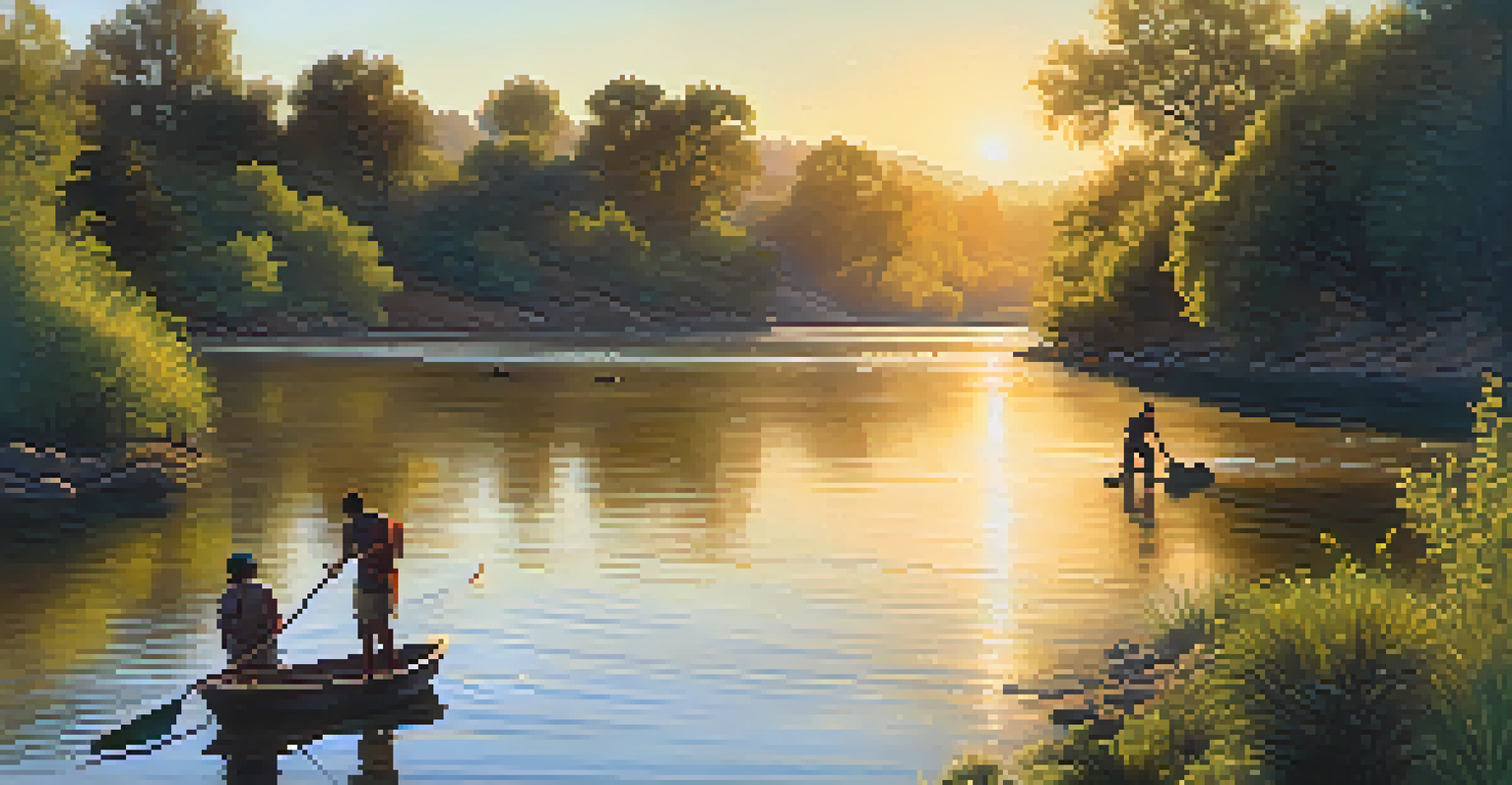 Indigenous people fishing in the American River, surrounded by lush greenery and warm sunlight.
