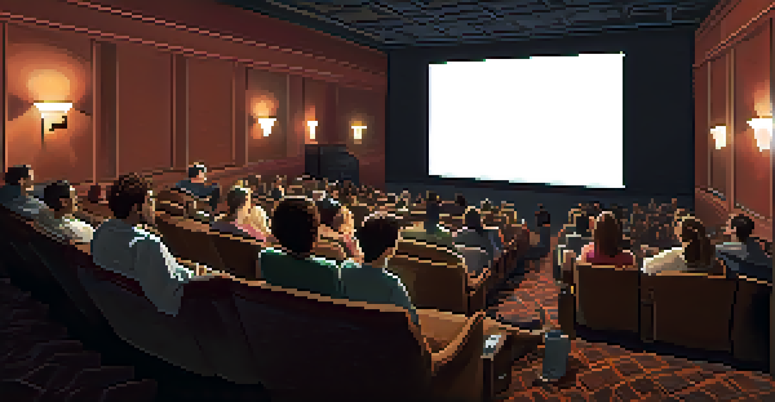 An indoor film screening room with a diverse audience watching a film on a large screen in a cozy, dimly lit environment.