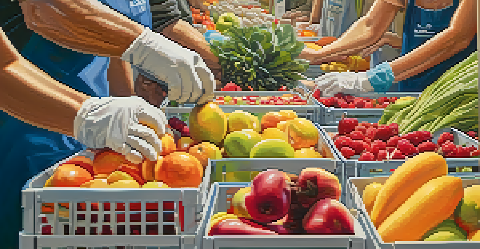 Hands sorting colorful food donations at a food bank, showcasing community volunteerism.