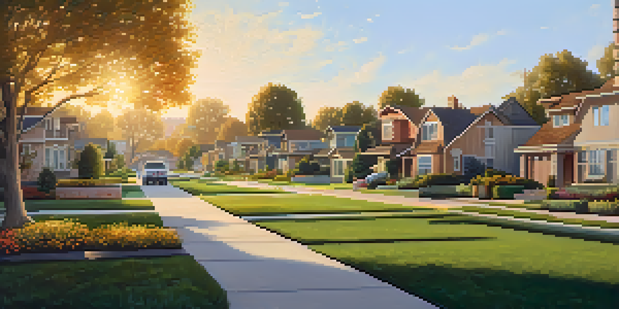 A sunny suburban neighborhood in Sacramento with diverse homes and lush gardens.