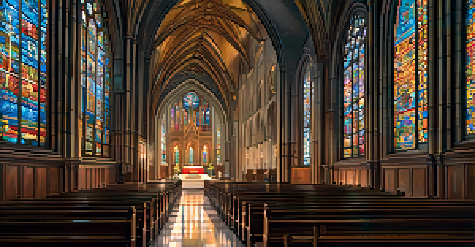 The interior of the Cathedral of the Blessed Sacrament, highlighting colorful stained glass windows and ornate ceiling details, creating a serene atmosphere.