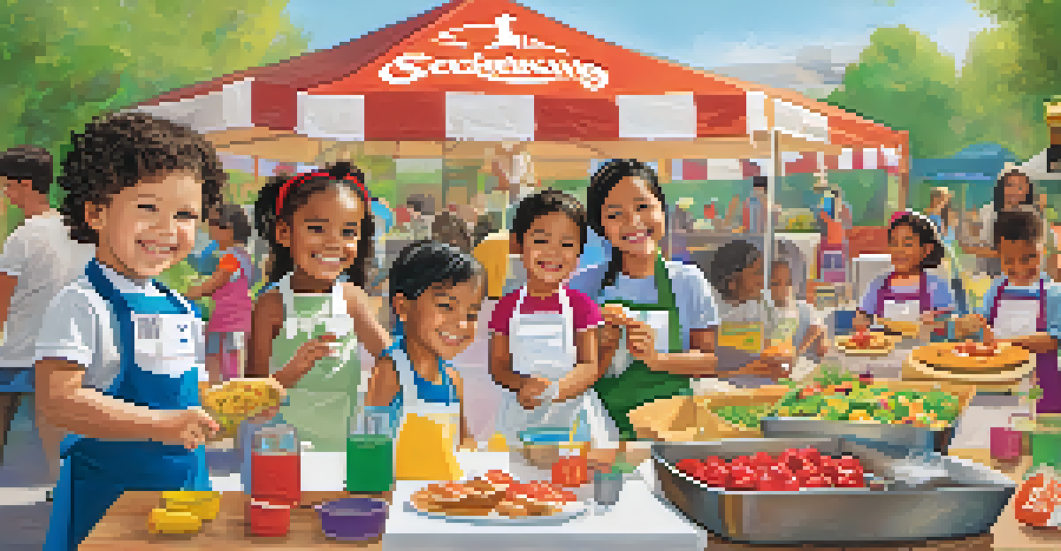 Children enjoying hands-on cooking activities at a family-friendly culinary festival, with colorful decorations and engaged parents.