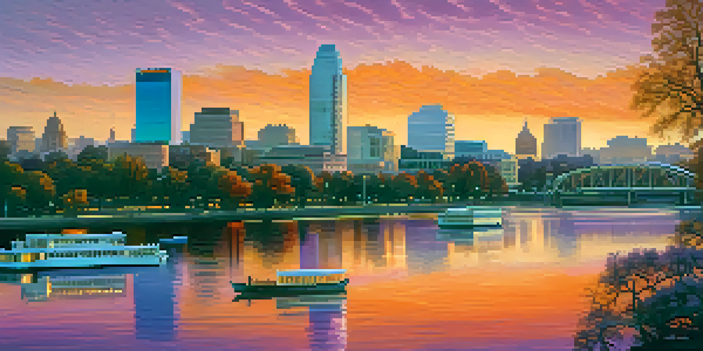 A scenic view of Sacramento's skyline at sunset with colorful skies and silhouettes of trees.