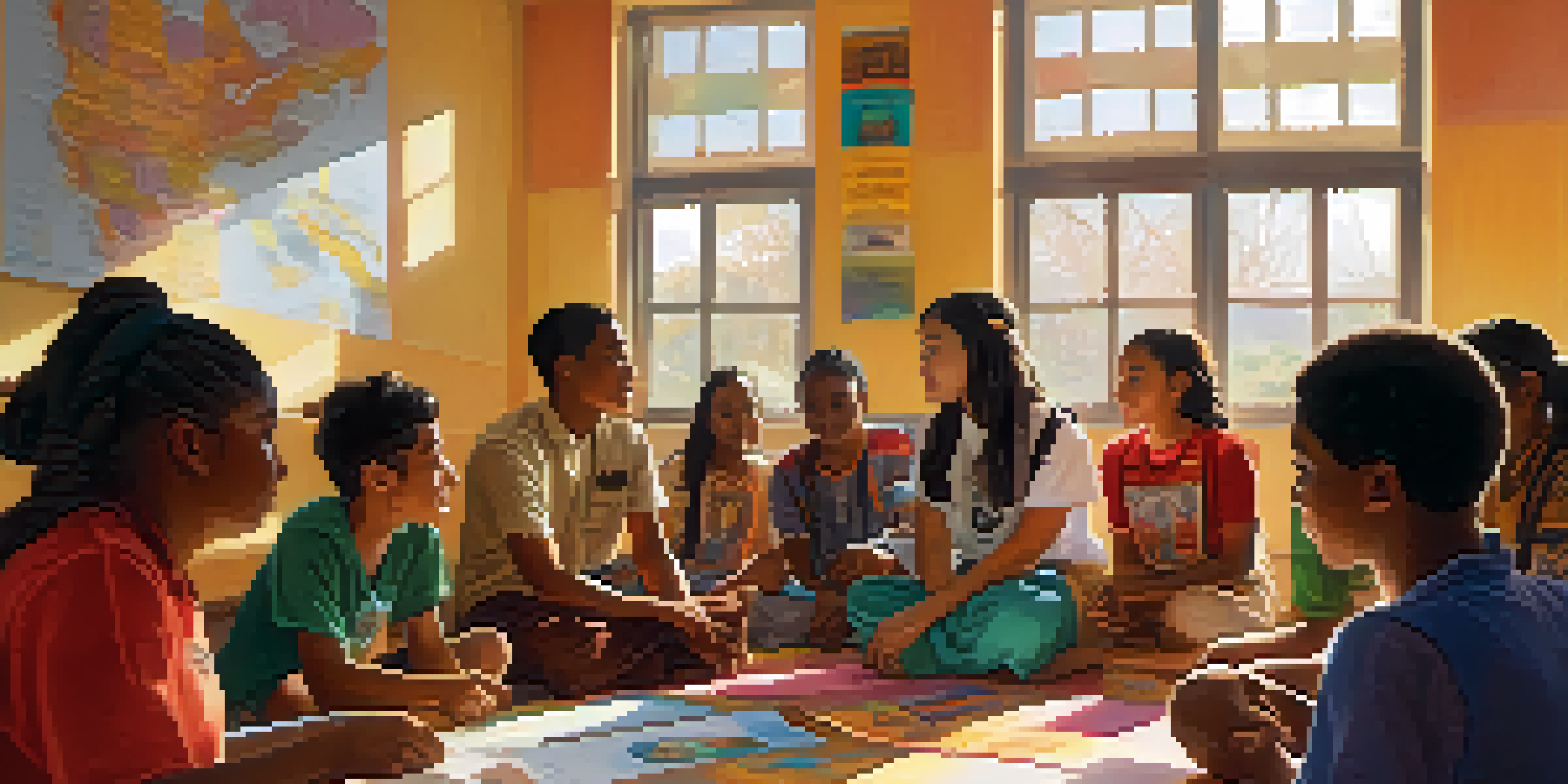 A diverse group of students in a classroom, discussing cultural artifacts with colorful posters around them.