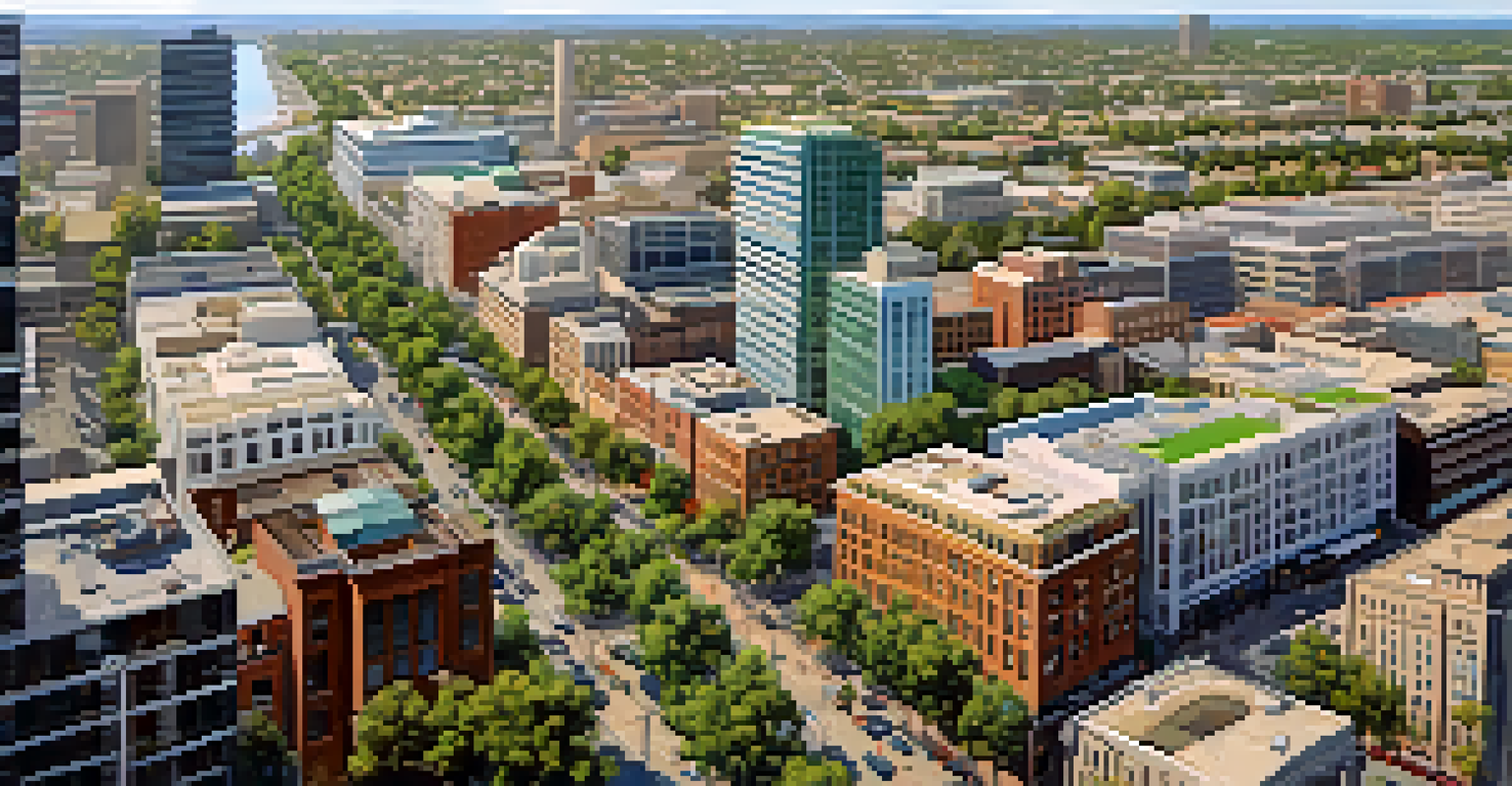 Aerial view of Sacramento's downtown with mixed-use developments and green spaces.