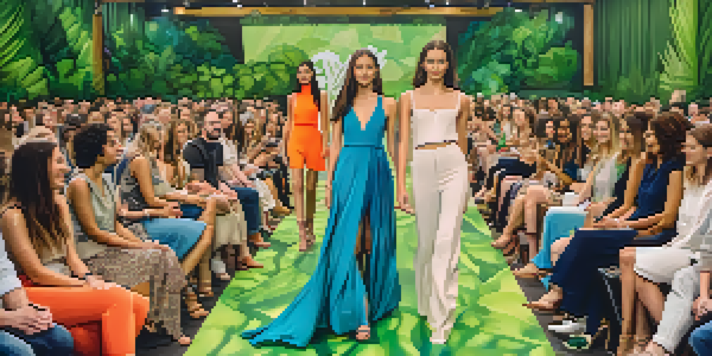An eco-fashion show in Sacramento with models on a recycled runway, showcasing sustainable clothing under warm lighting.