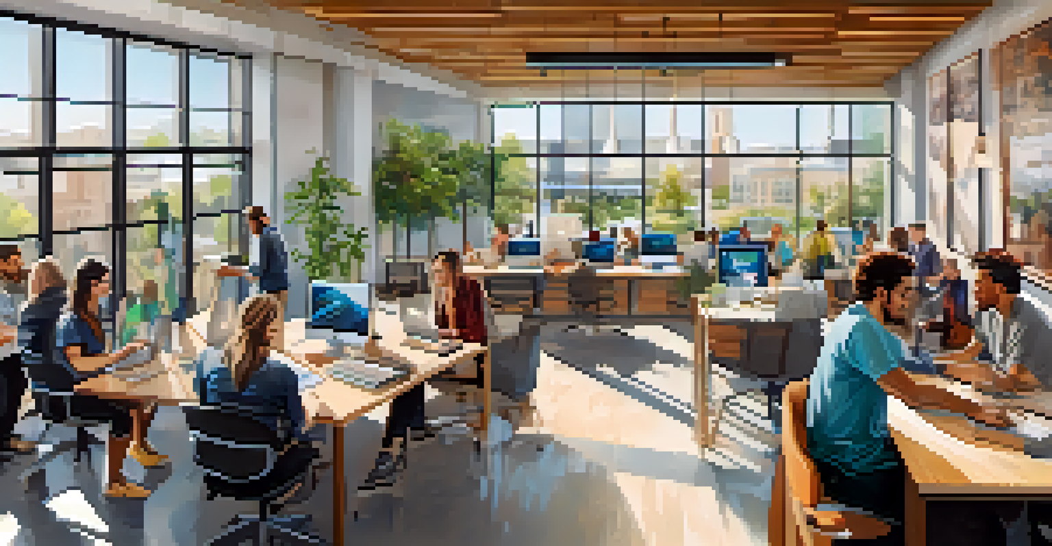 A spacious and modern collaborative workspace in Sacramento featuring individuals engaged in work and discussions, with natural light, contemporary furniture, and a vibrant atmosphere.