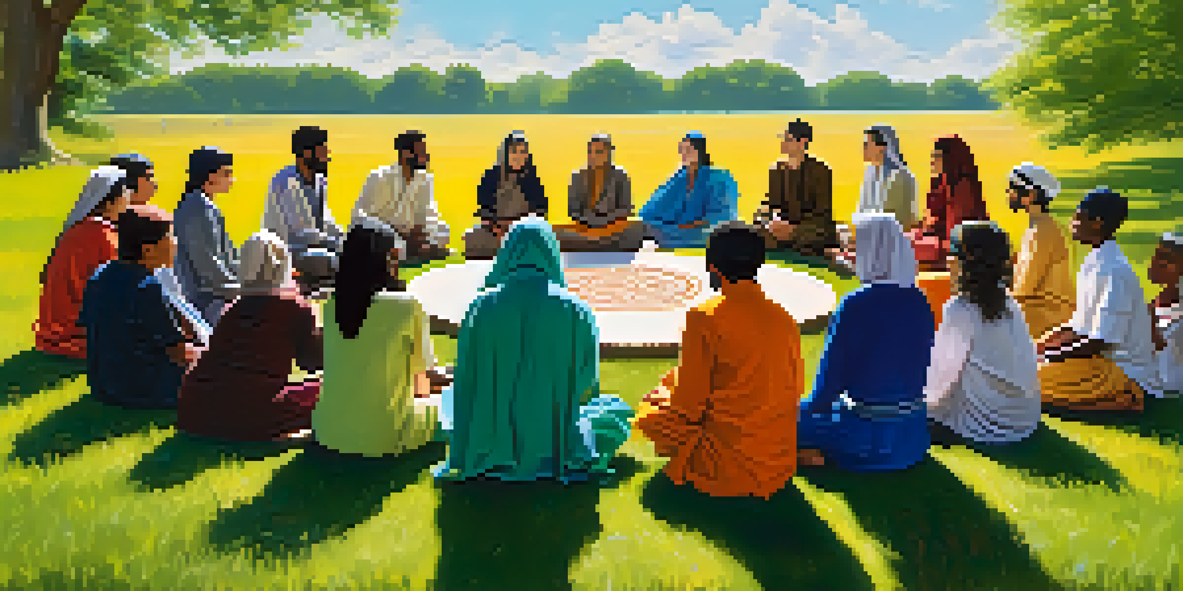 A group of young individuals from different faith backgrounds sitting in a circle, engaged in conversation in a sunny outdoor setting.