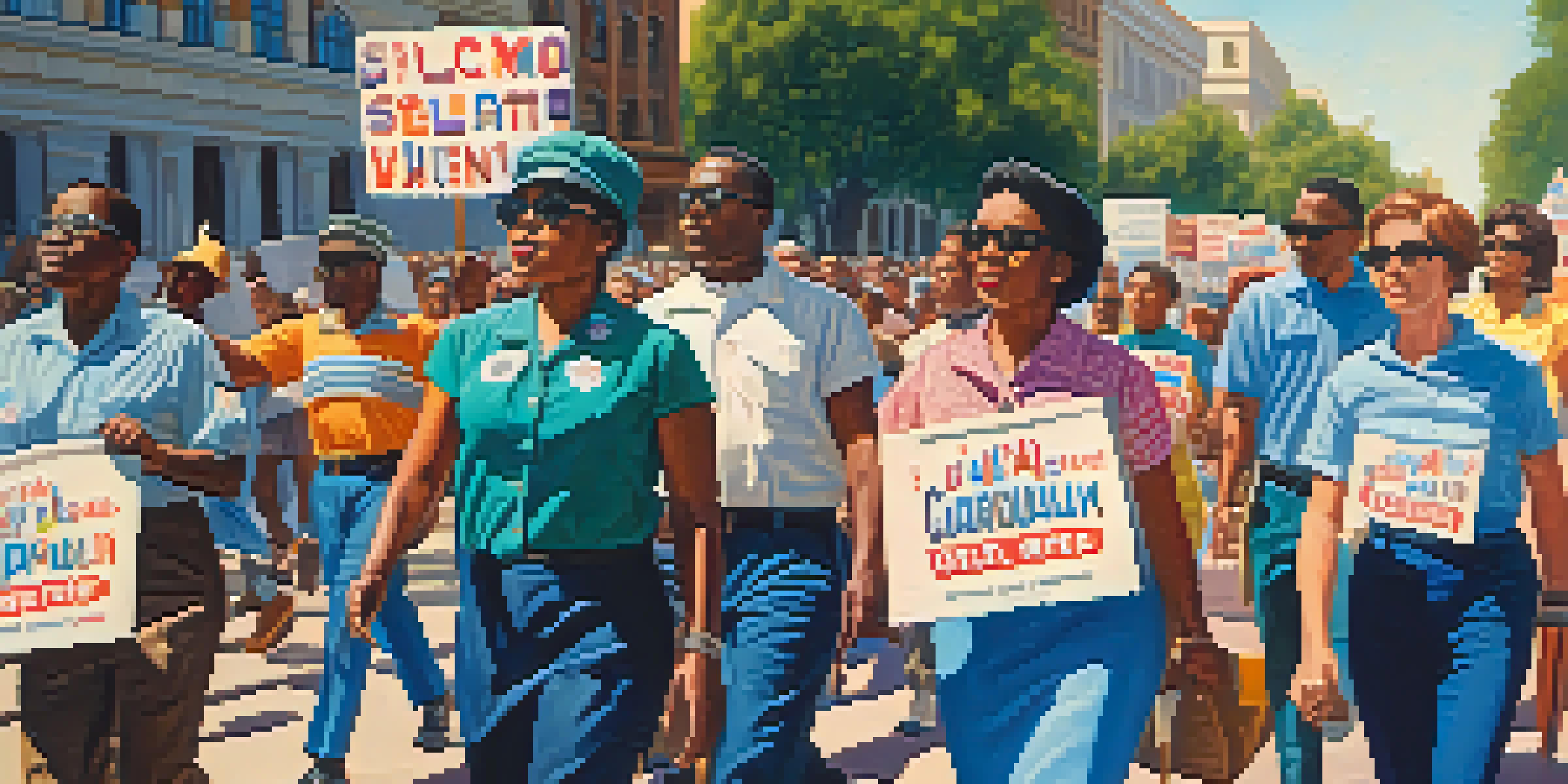 A diverse group of civil rights activists marching in Sacramento during the 1960s, with colorful banners and the California State Capitol in the background under a clear blue sky.