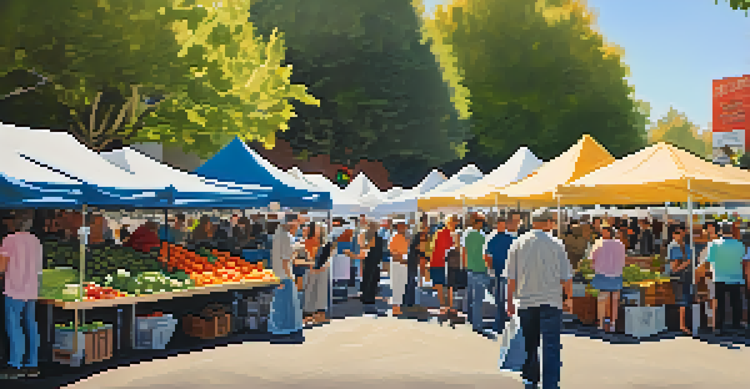 A vibrant farmers market in Sacramento with residents shopping for fresh produce, crafts, and enjoying live music.