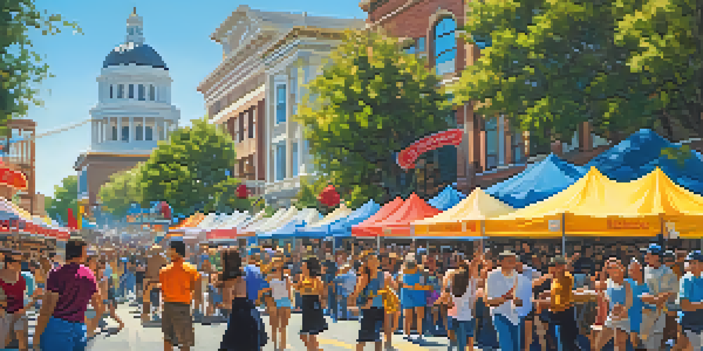 A lively street scene at the Sacramento Music Festival with people dancing, colorful banners, and food vendors.