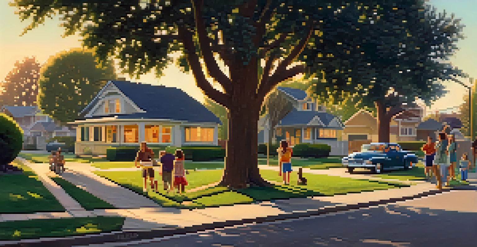 A peaceful suburban neighborhood in Sacramento with families and children playing in a warm evening light.