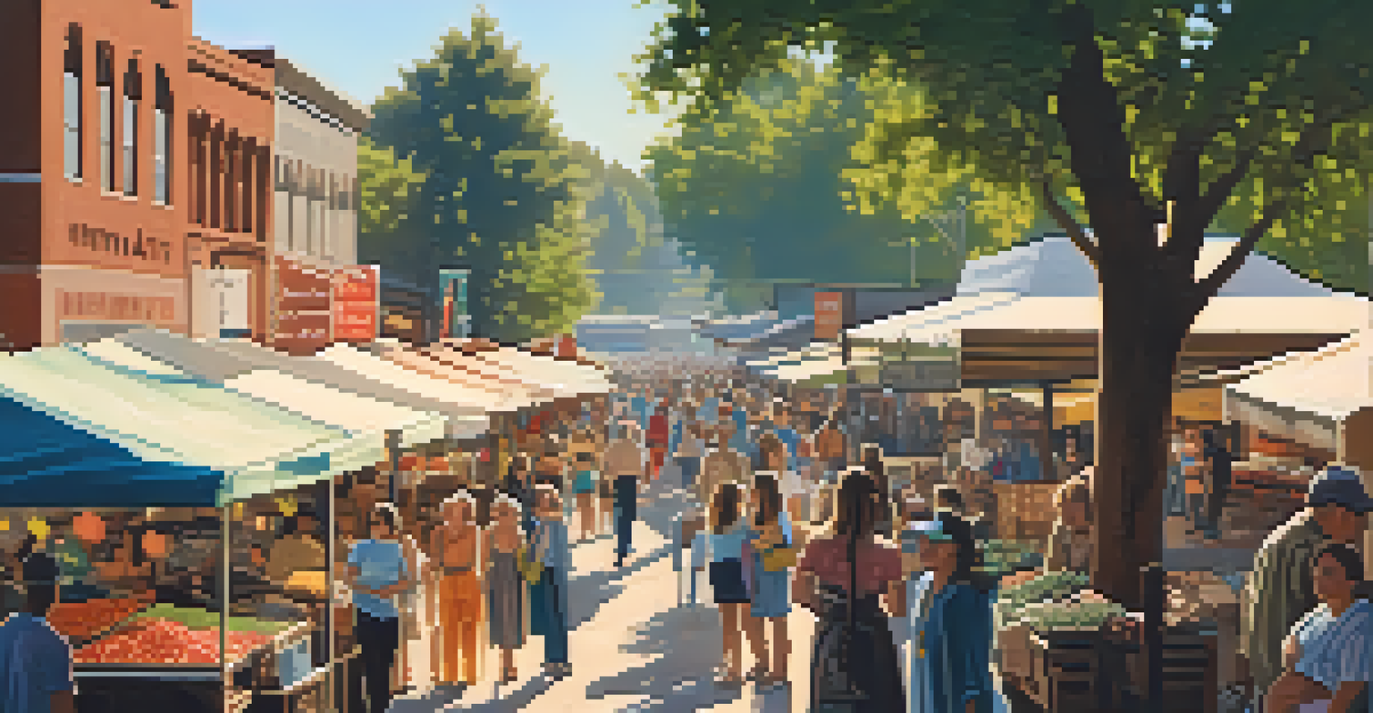 A lively local market in Sacramento with stalls of handmade jewelry and vintage clothing under warm sunlight.