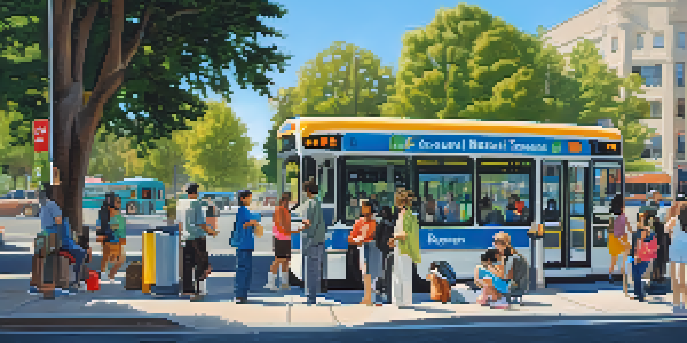A busy bus stop in Sacramento with diverse residents waiting for electric buses, surrounded by trees and clear blue sky.