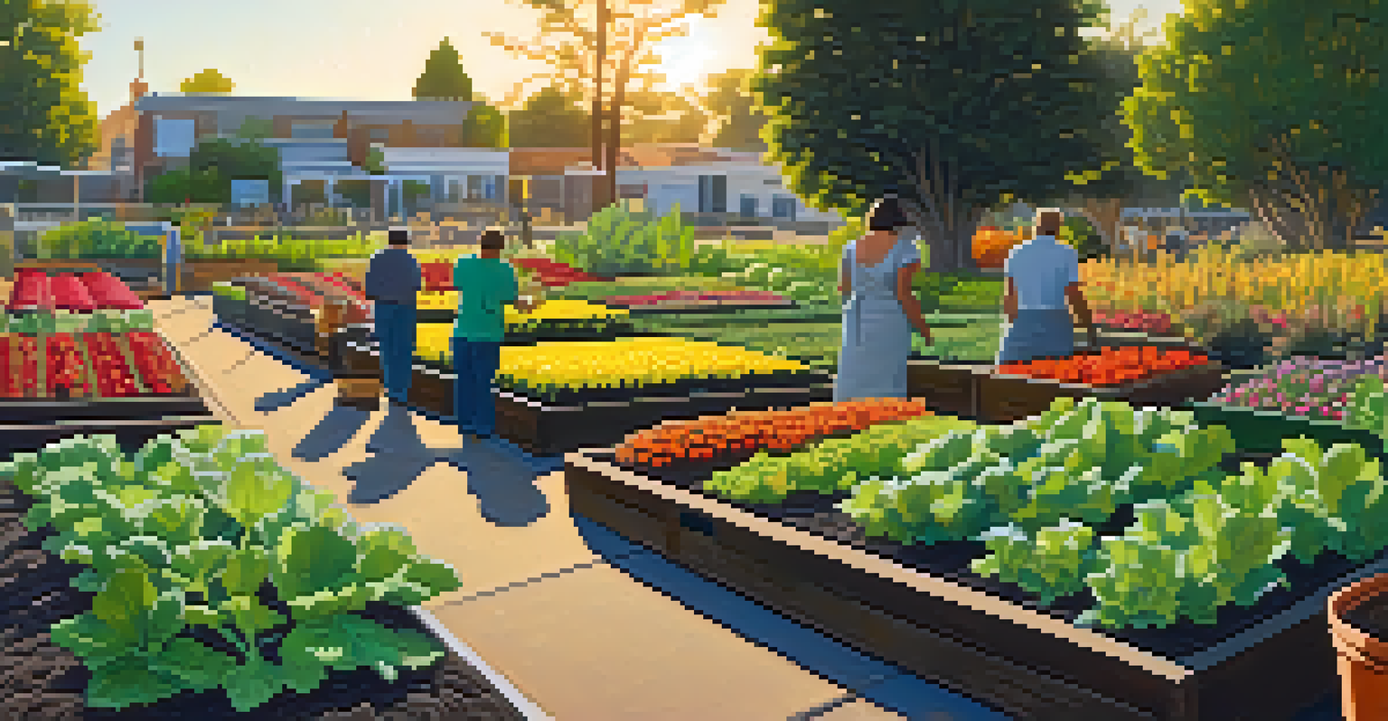 A community garden with vibrant vegetables and herbs, showcasing a gardener caring for the plants during golden hour light.