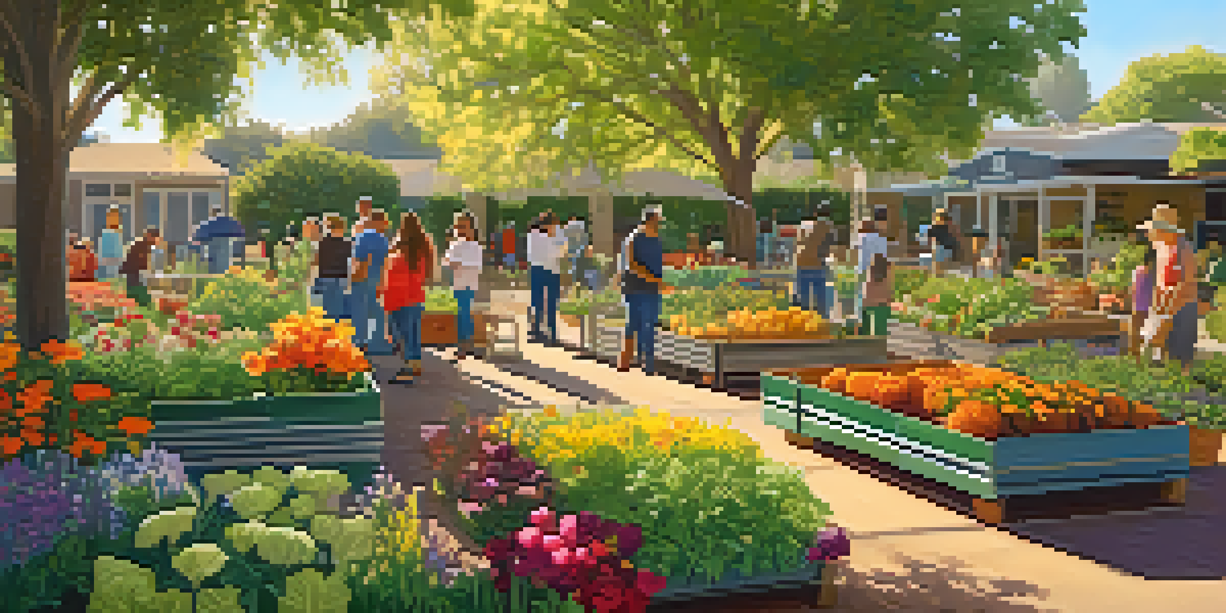 A lively community garden scene with diverse residents gardening together under warm sunlight.