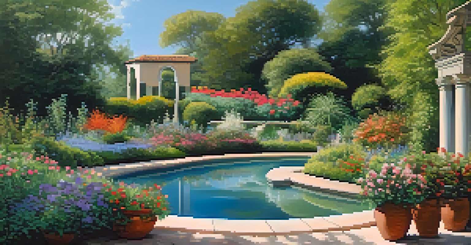 A serene Mediterranean garden corner in Sacramento's Botanic Gardens, with herbs, colorful flowers, and visitors enjoying the peaceful atmosphere.