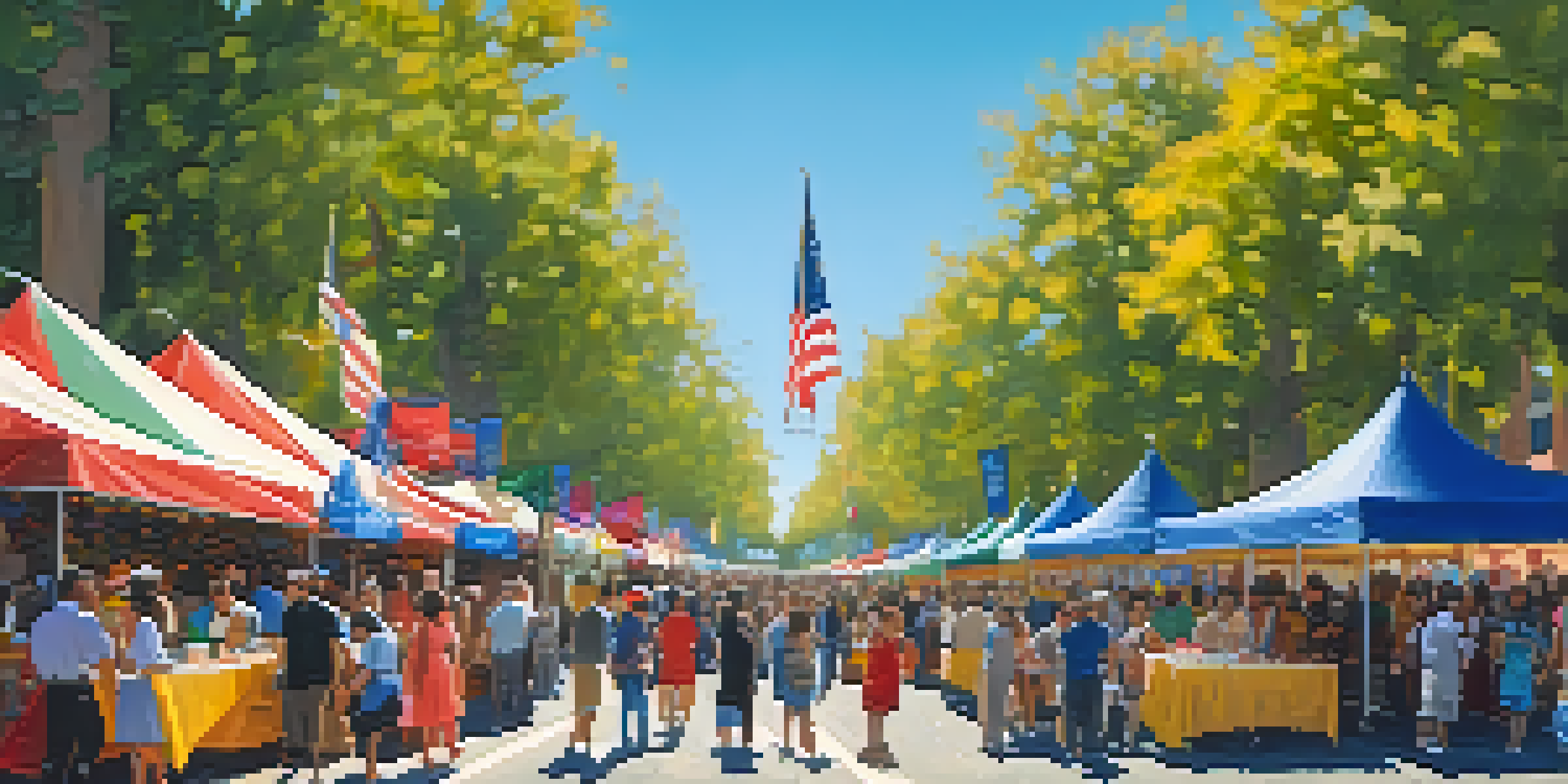 A lively festival scene in Sacramento with diverse people enjoying food and performances, colorful booths, and flags from different cultures.