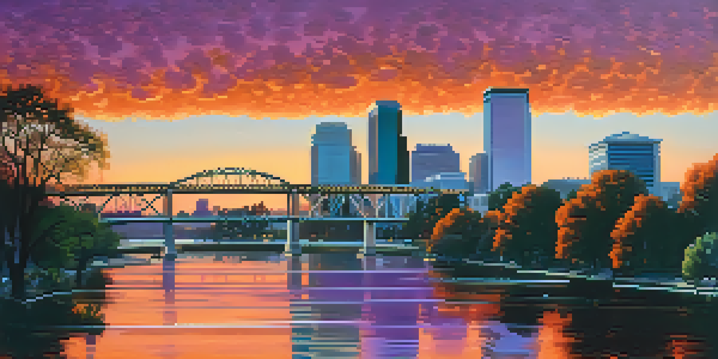 A panoramic view of Sacramento's skyline at sunset with the river and greenery in the foreground.