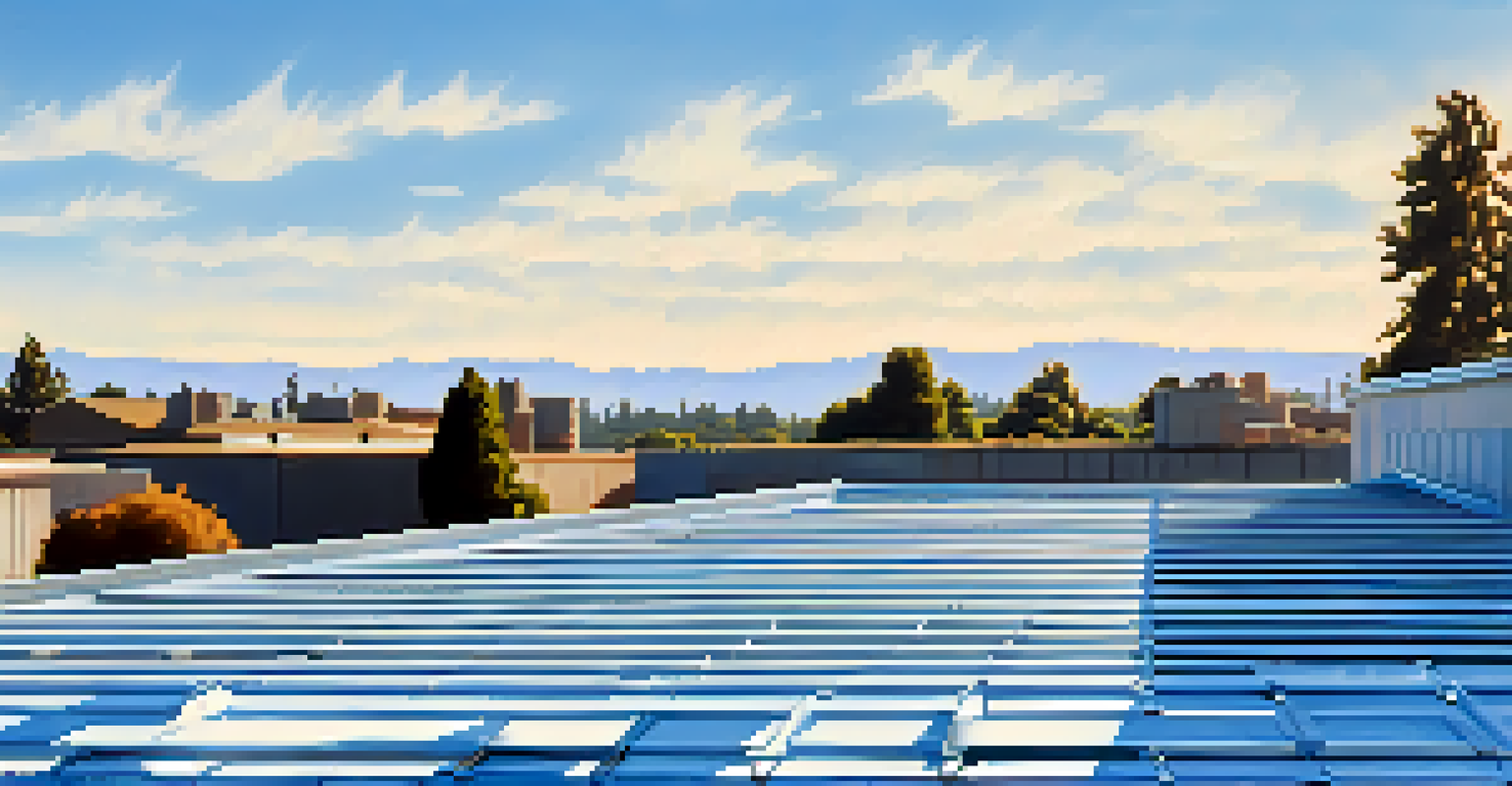 Close-up of a cool reflective roof on a commercial building in Sacramento under a clear blue sky.