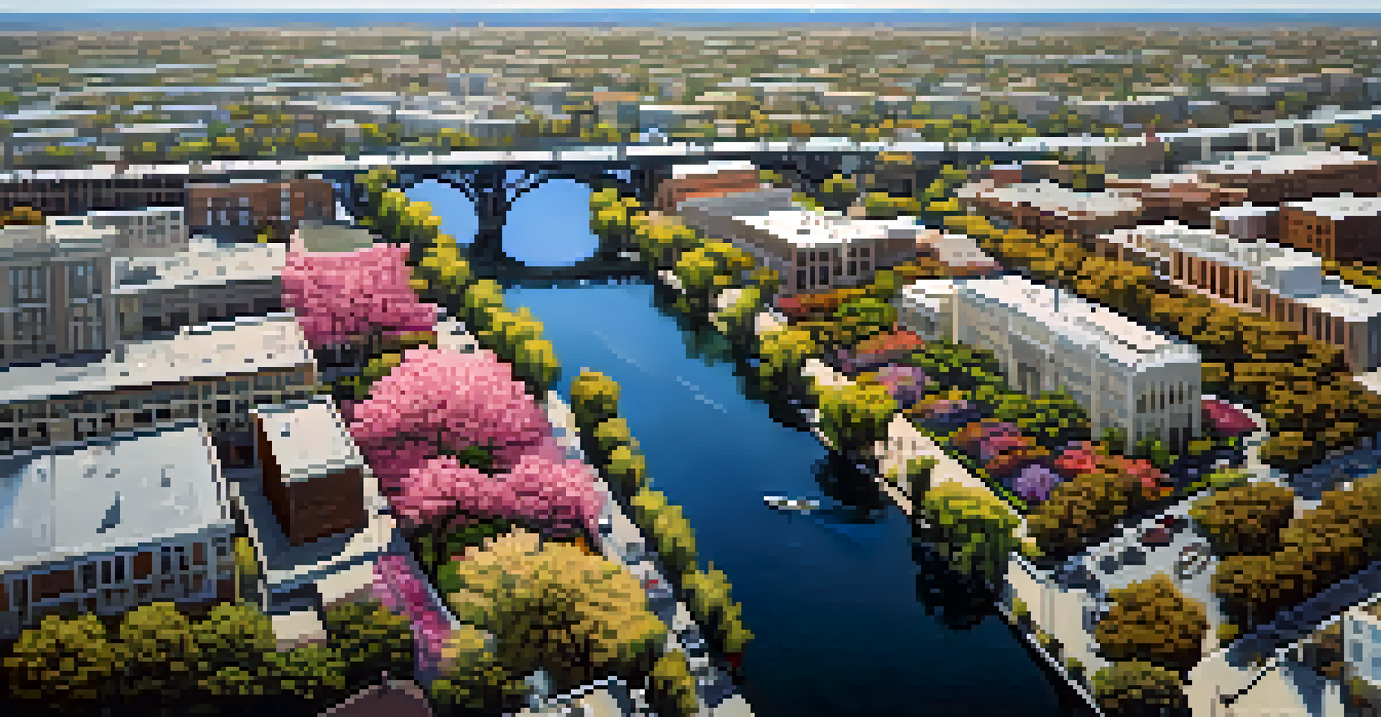 An aerial perspective of Sacramento's canal system, featuring winding waterways surrounded by urban infrastructure.