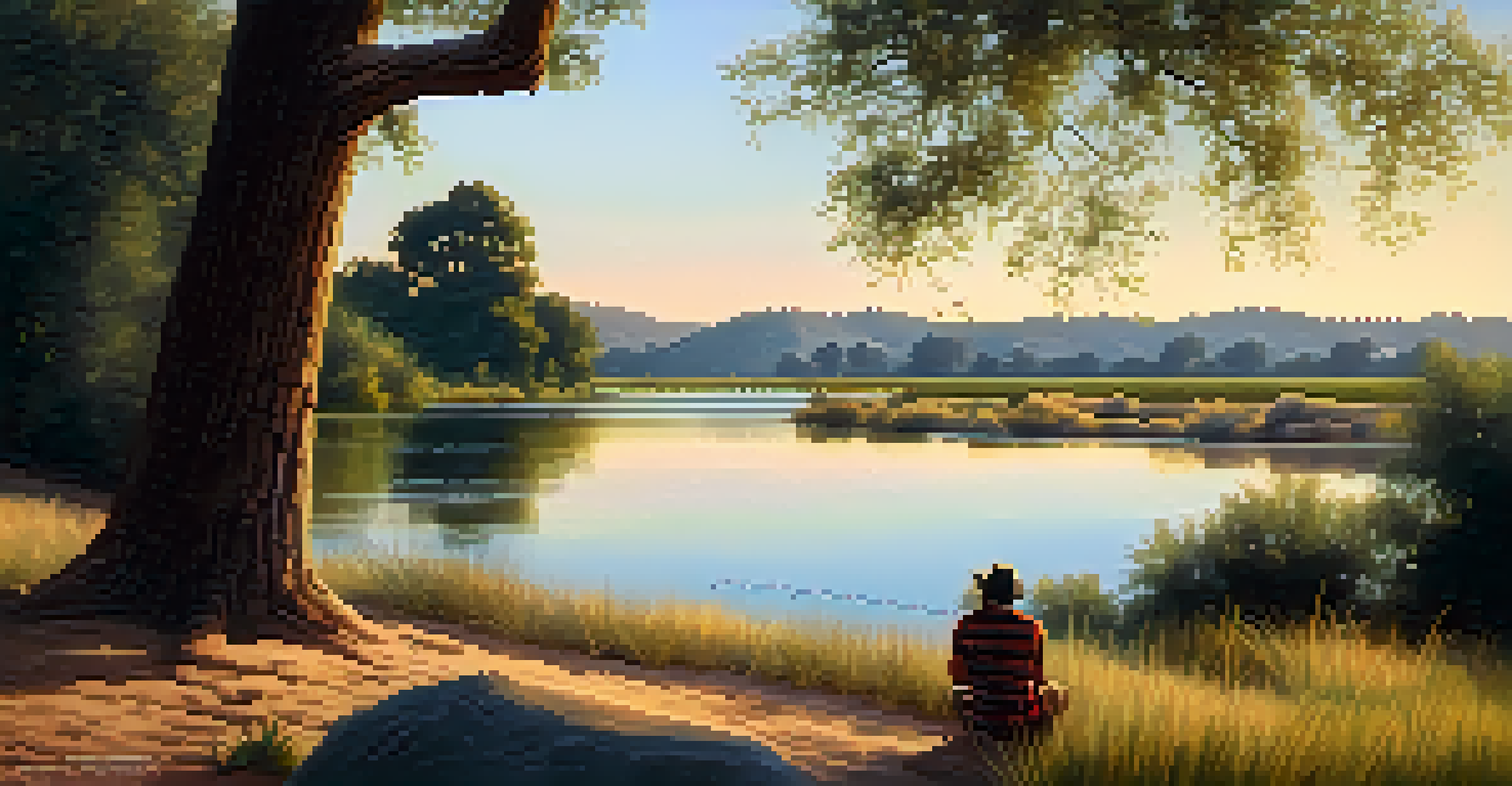 A person fishing peacefully by the American River, surrounded by tall grasses and wildflowers in the warm evening light.