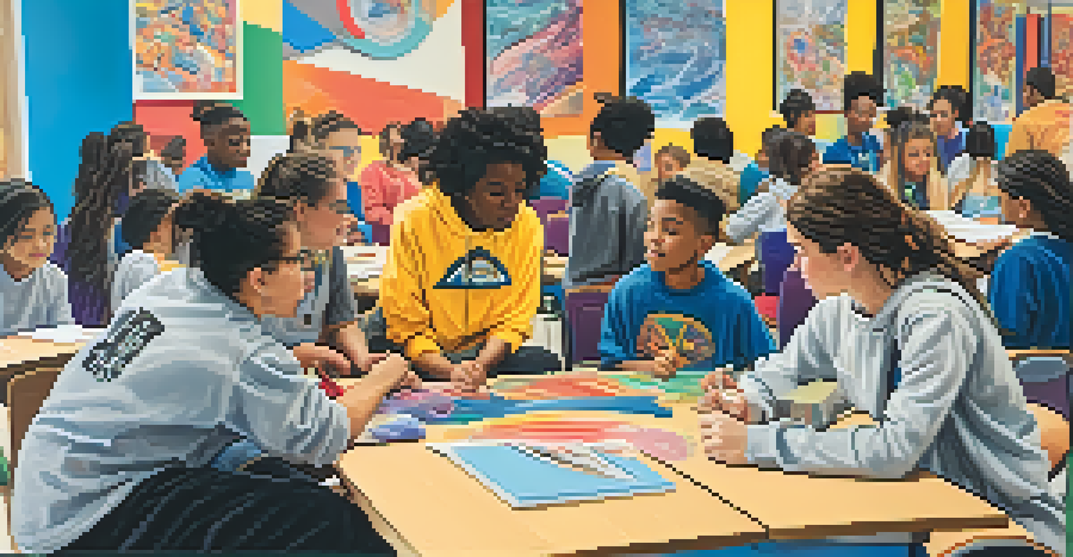 Students from diverse backgrounds collaborating on an art project in a classroom, showcasing teamwork and cultural exchange.
