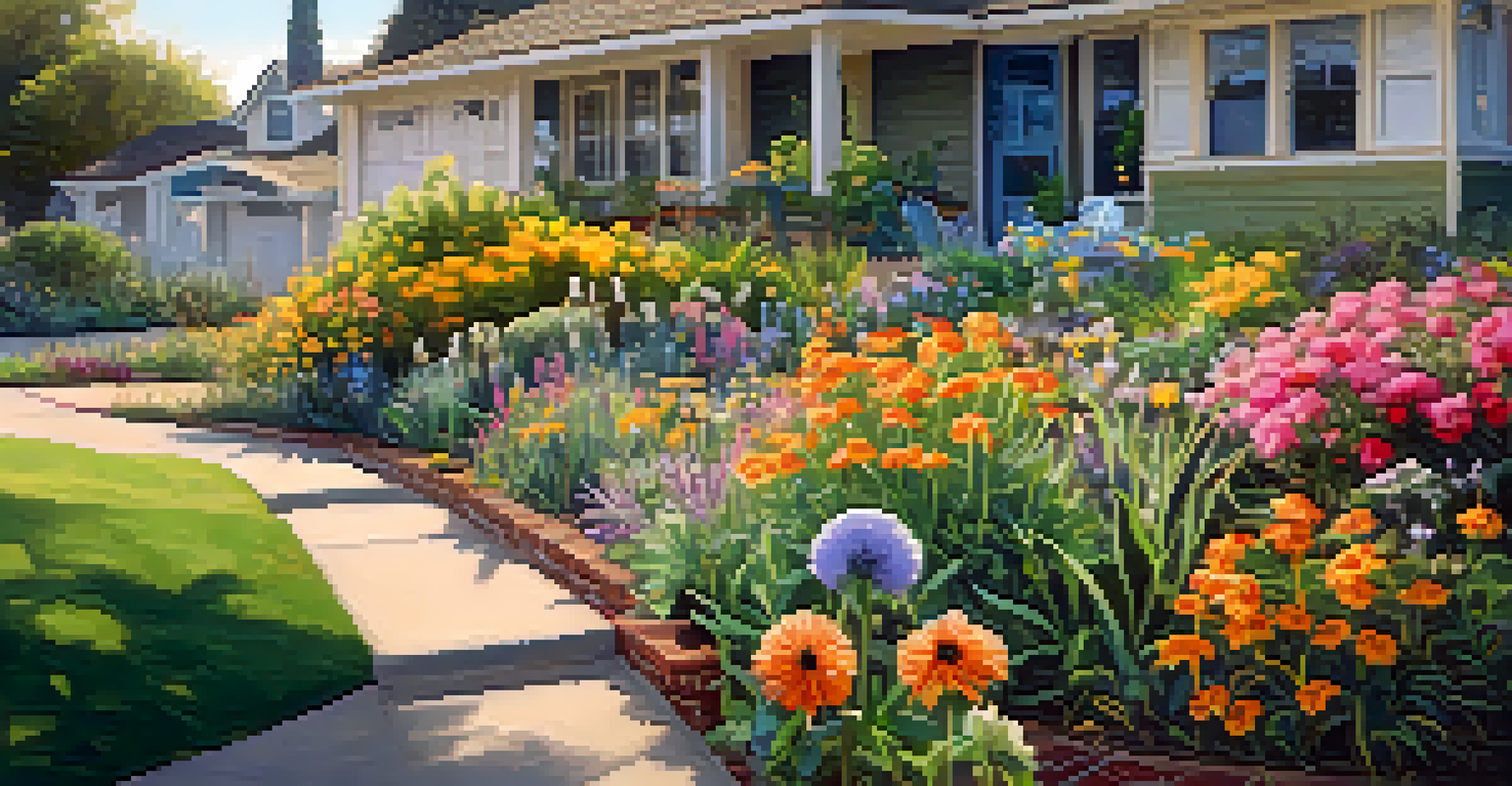 A vibrant native plant garden in Sacramento with colorful flowers, bees, and butterflies, under warm sunlight.