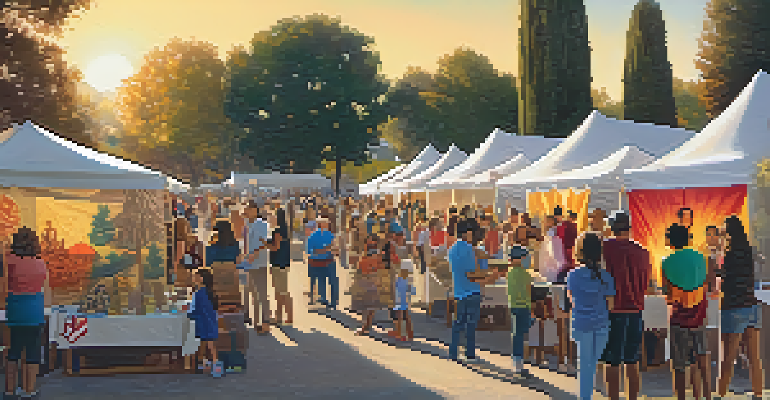 A community event at Sacramento's archives with colorful displays and families participating in activities during sunset.