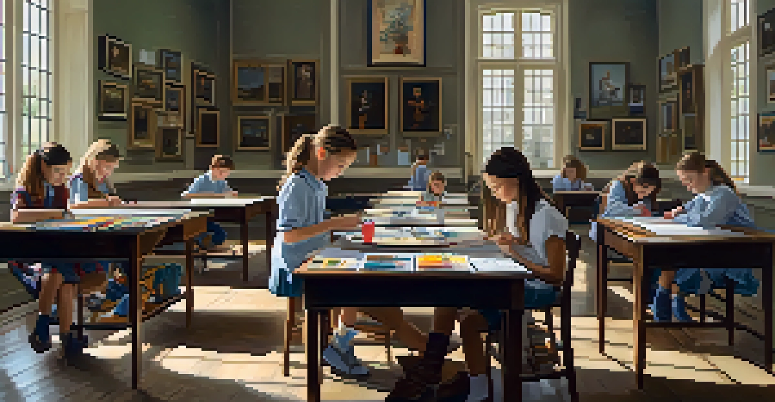 A small group of students in an art room, painting on canvases with art supplies around them, illuminated by natural light.