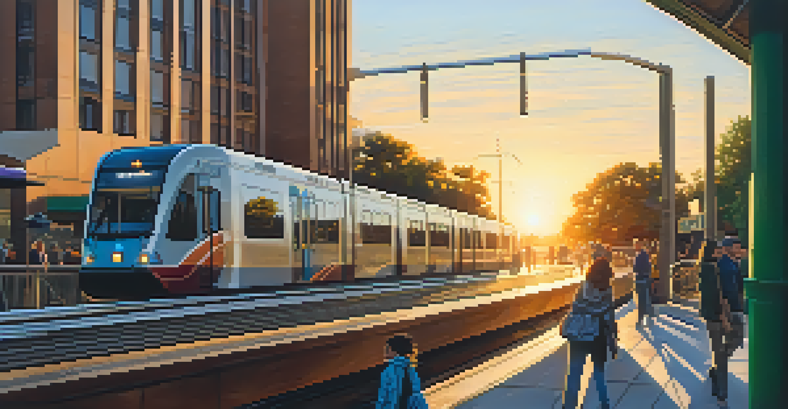 A modern light rail train in Sacramento passing through an urban landscape with commuters at a station.