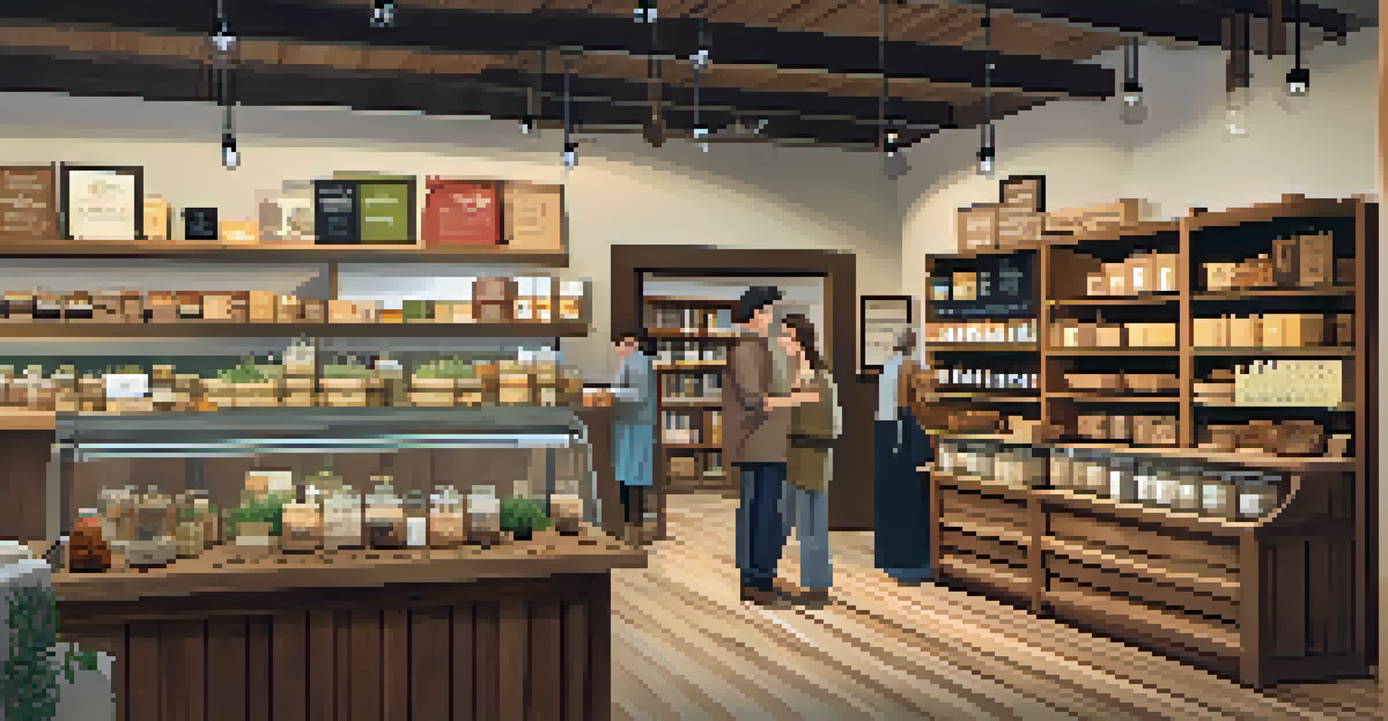An artisan food market with shelves displaying handcrafted coffee, pasta, and cheeses, filled with customers and rustic decor.