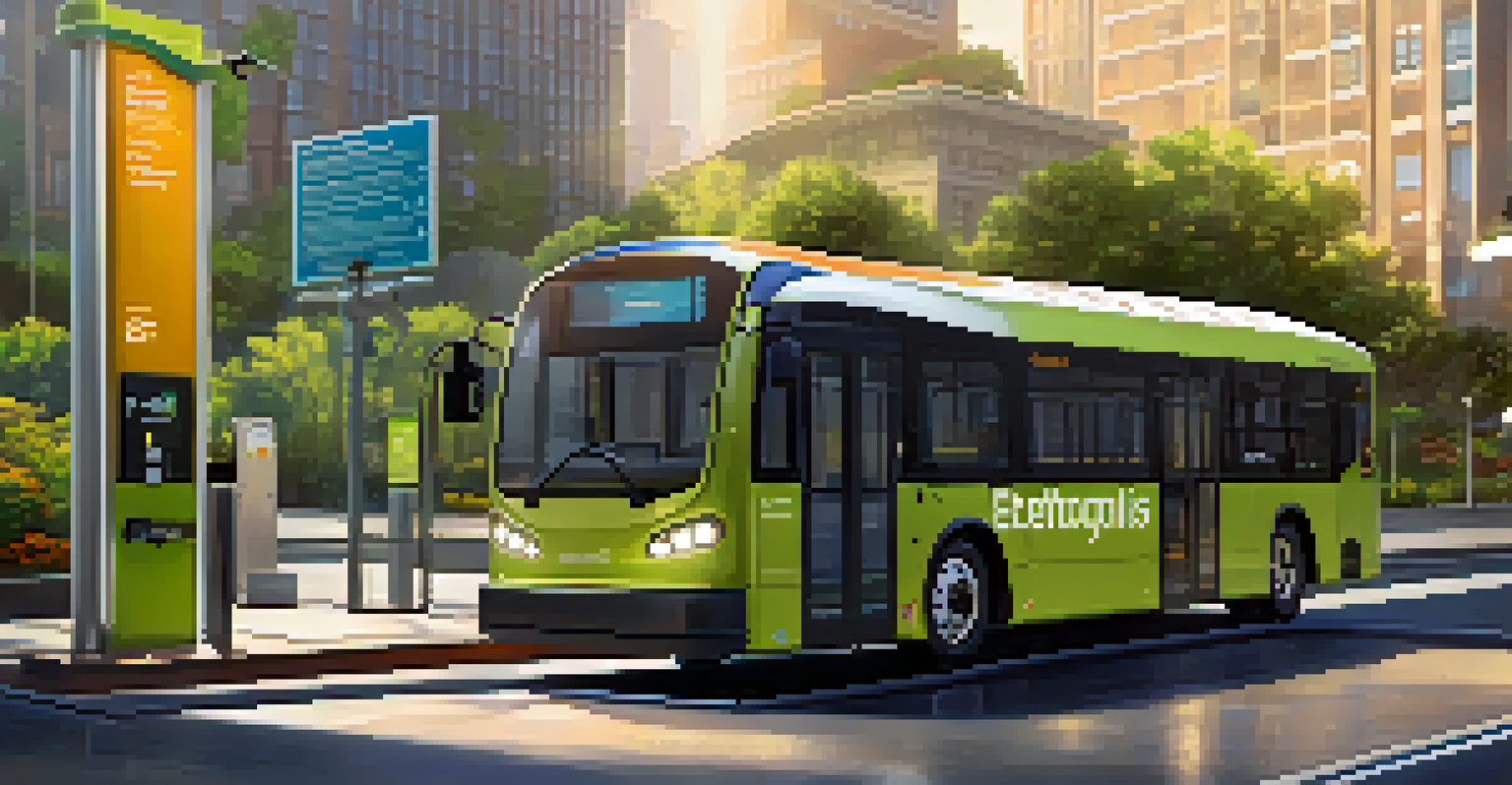 An electric bus charging at a station with solar panels and greenery, promoting sustainable urban transit.