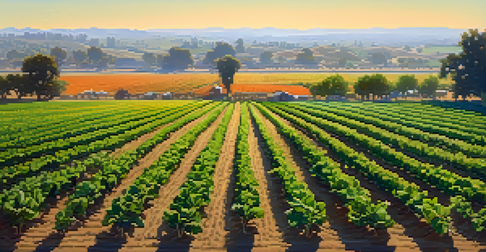 A wide view of Sacramento's agricultural fields with various crops and orchards under a bright blue sky.