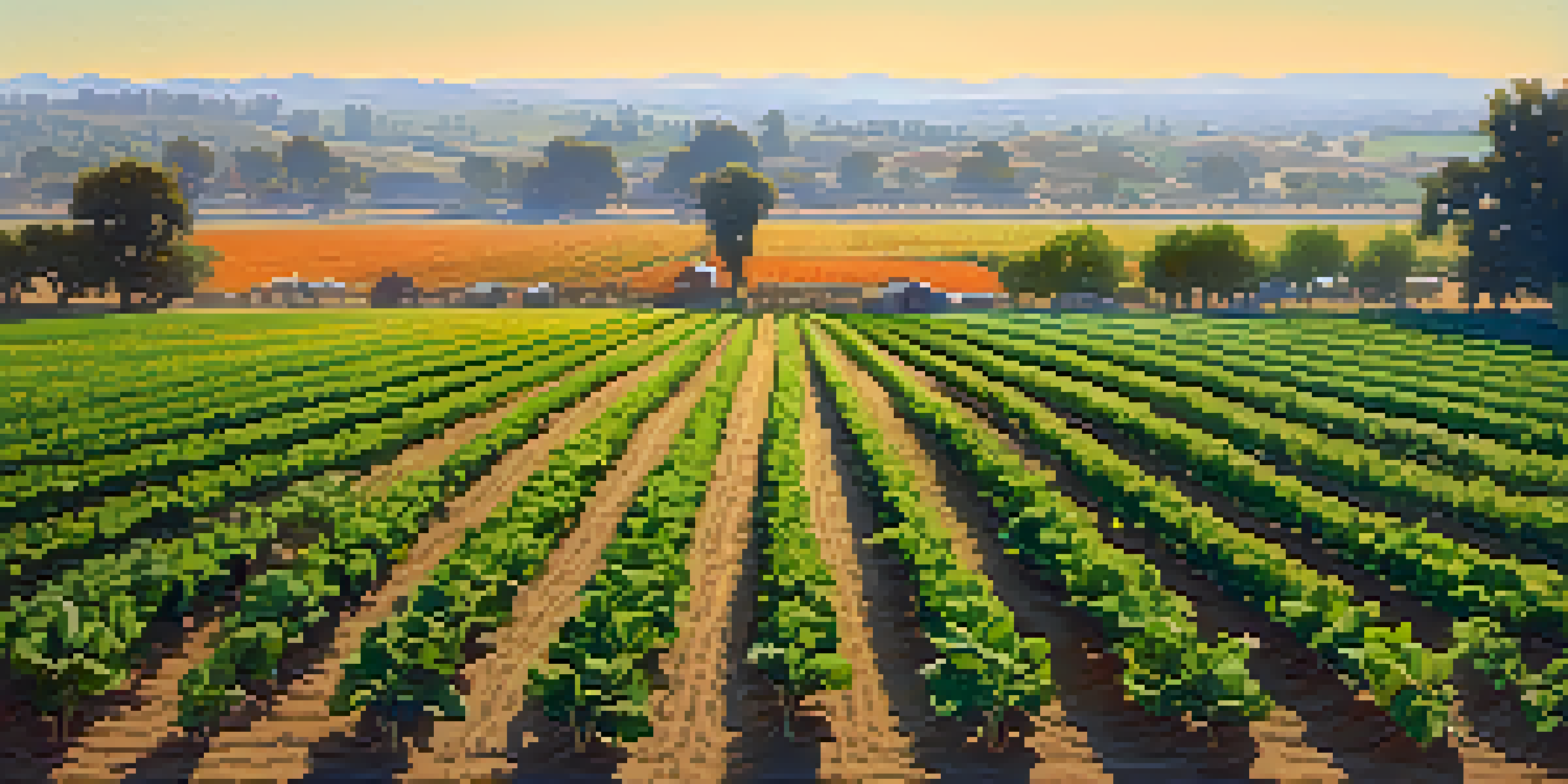 A wide view of Sacramento's agricultural fields with various crops and orchards under a bright blue sky.