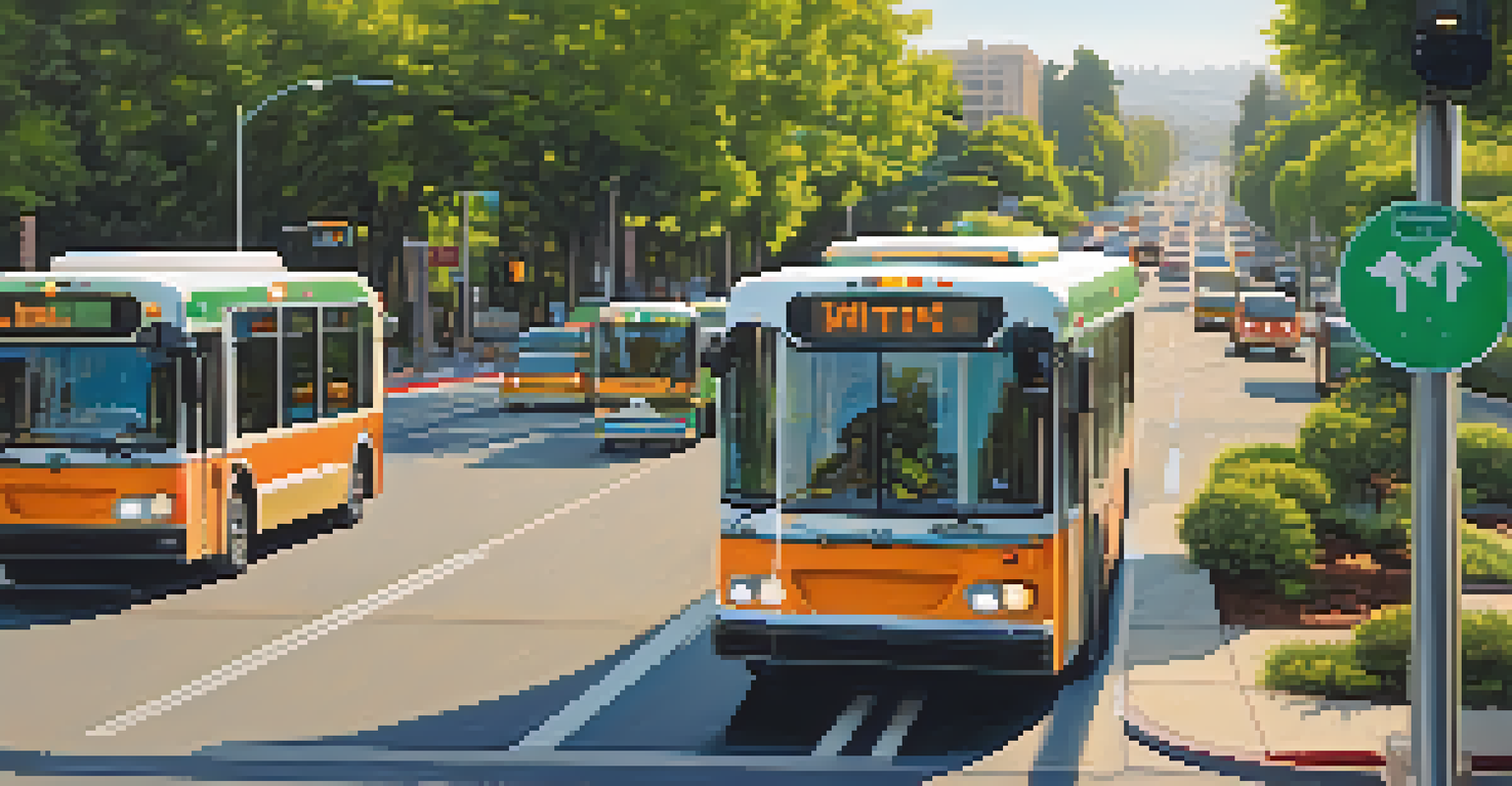 A peaceful Sacramento street with synchronized traffic lights, flowing vehicles, and electric buses amidst greenery.