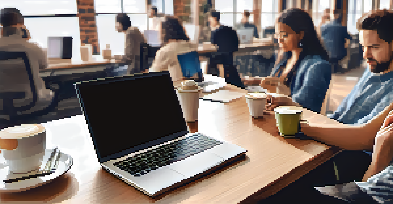 A close-up of hands on a laptop with coffee and notebooks, showing a collaborative co-working space with entrepreneurs in the background.