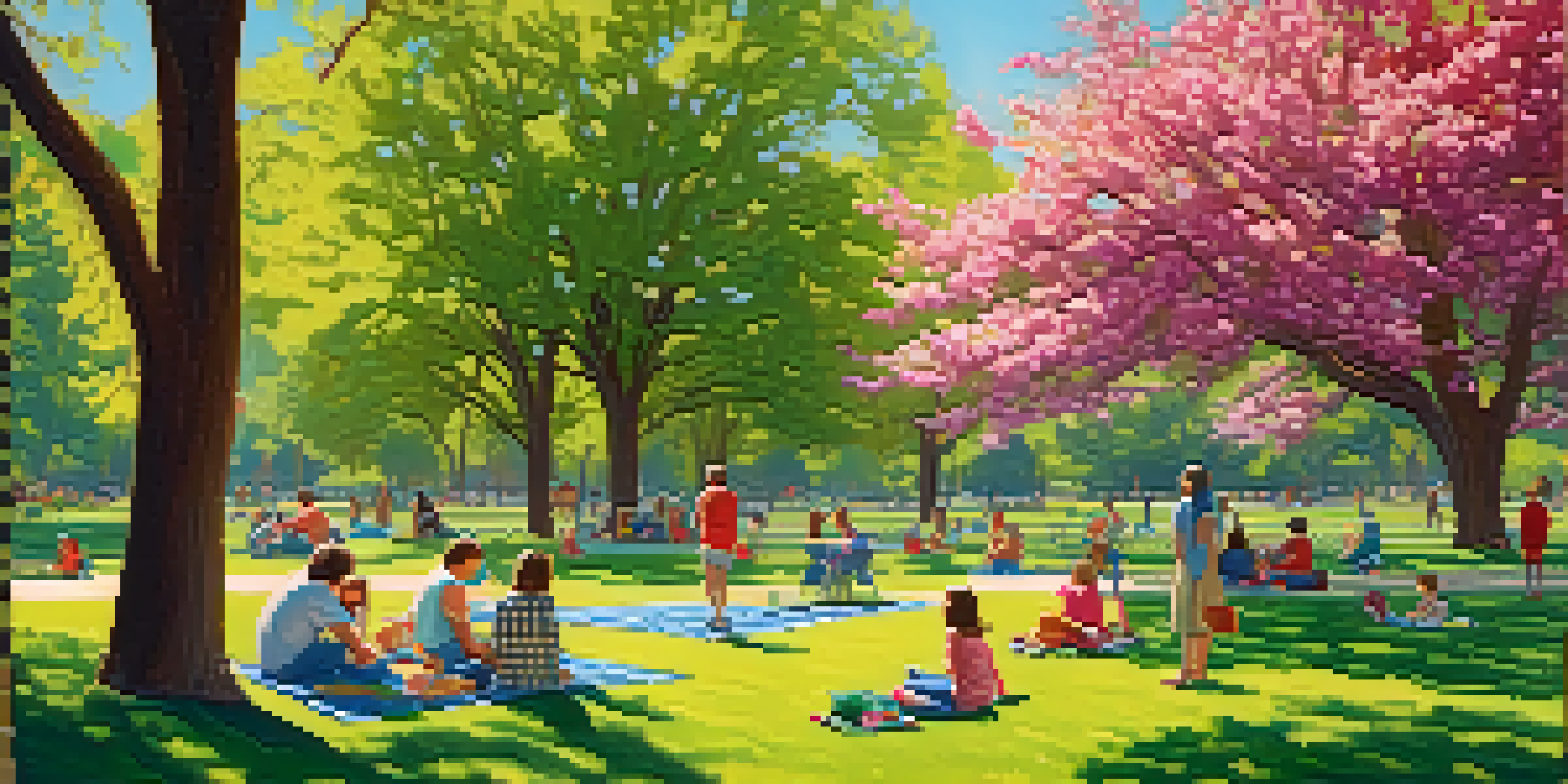 A peaceful park in Sacramento with families having a picnic and children playing, surrounded by lush greenery and colorful flowers.