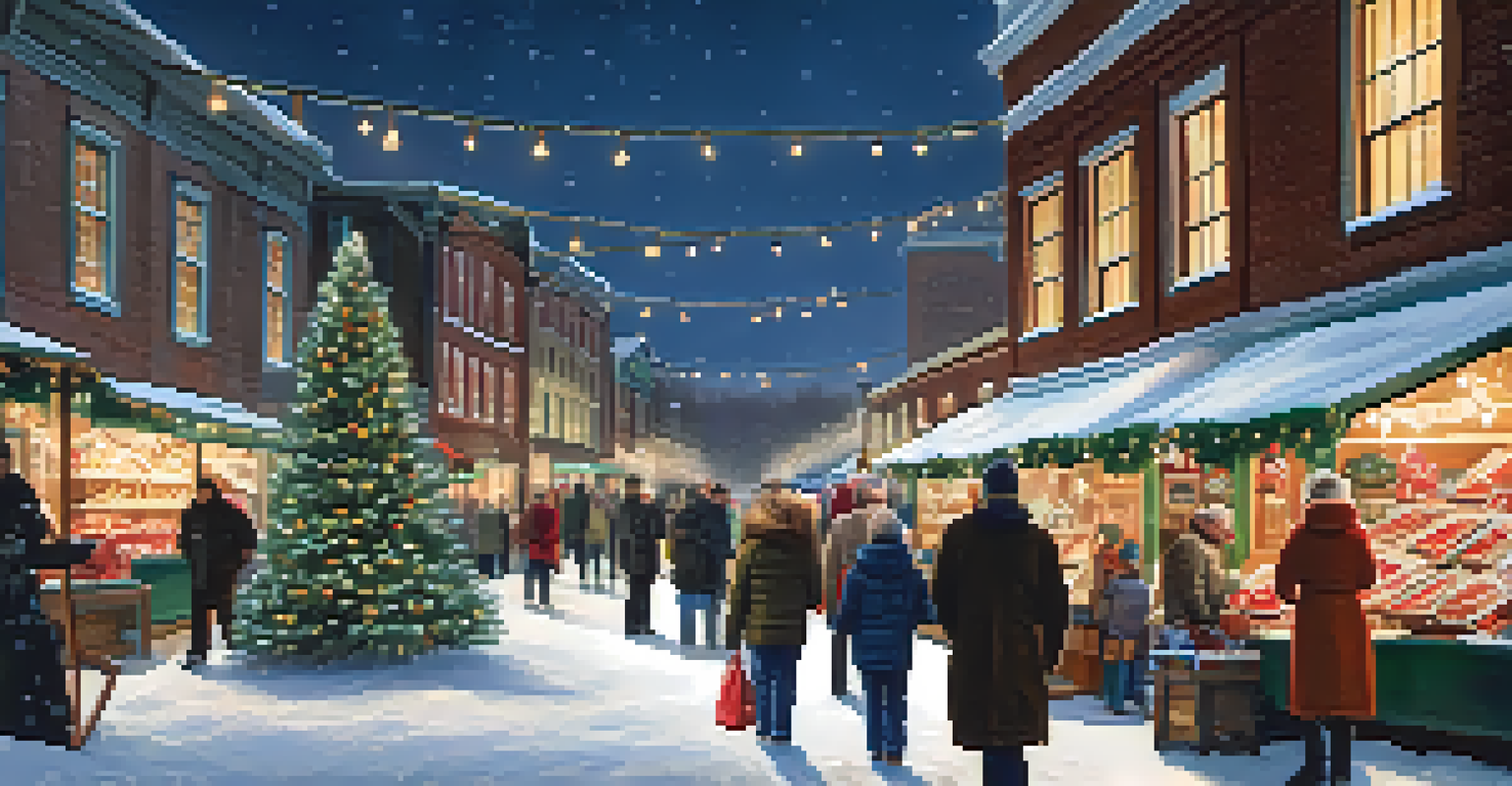 A charming winter market scene in the Mill District, with stalls decorated with lights and families enjoying the festive ambiance.
