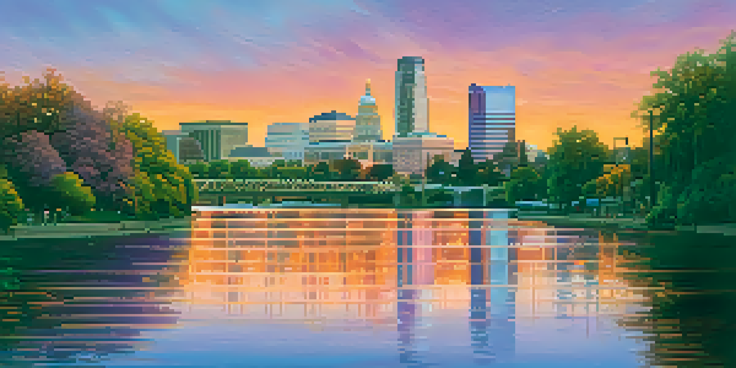 A beautiful sunset over Sacramento's skyline, with modern and historic buildings illuminated by warm colors.