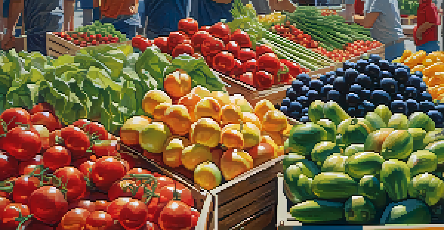 A close-up image of a farmers' market in Sacramento, showcasing colorful fresh produce in wooden crates with shoppers and vendors in the background.